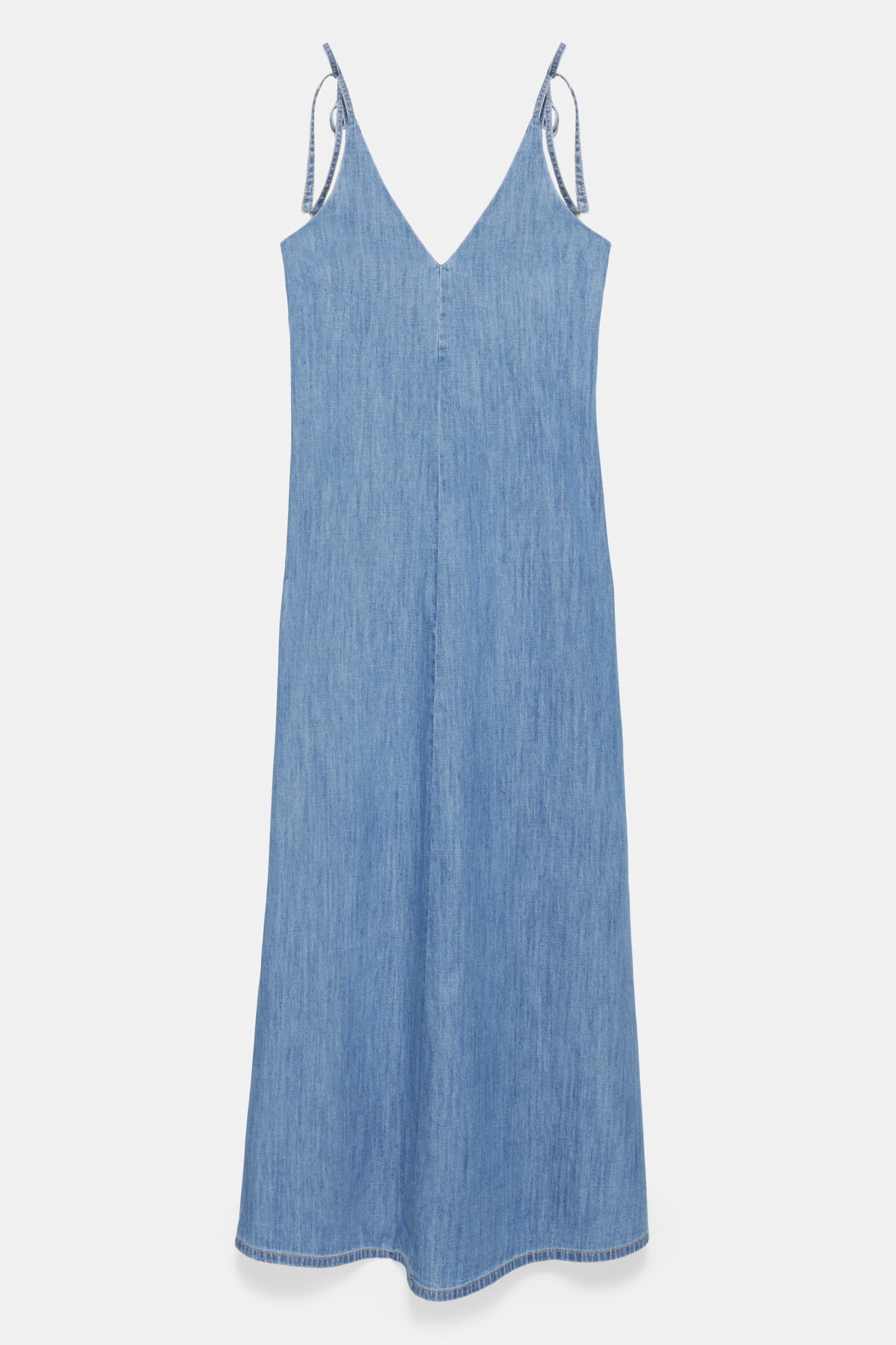 Askılı uzun jean elbise - Görsel 4