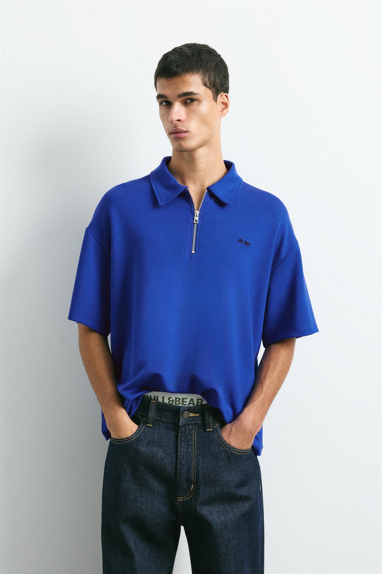 Embroidered zip polo shirt — Blue