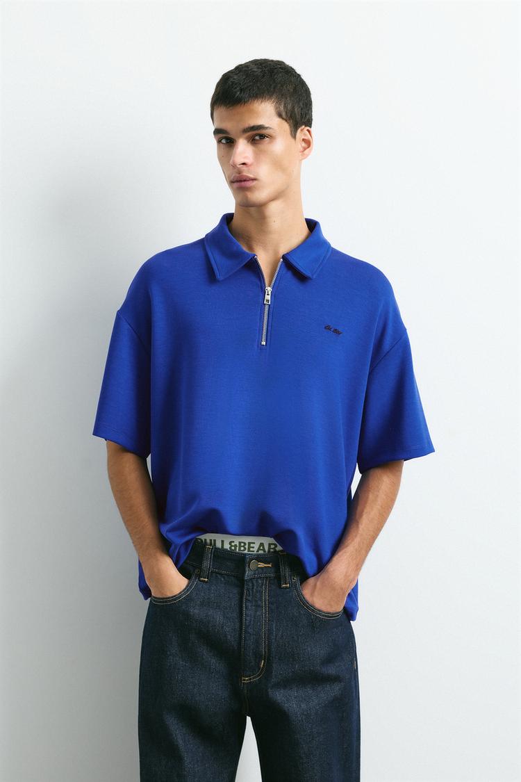 Embroidered zip polo shirt — Blue