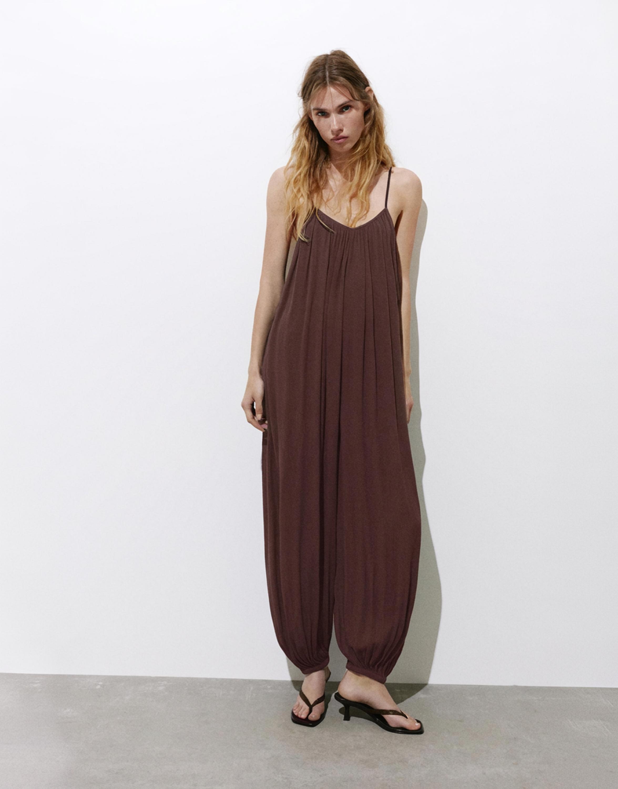 Flowing strappy sarouel jumpsuit — Brown