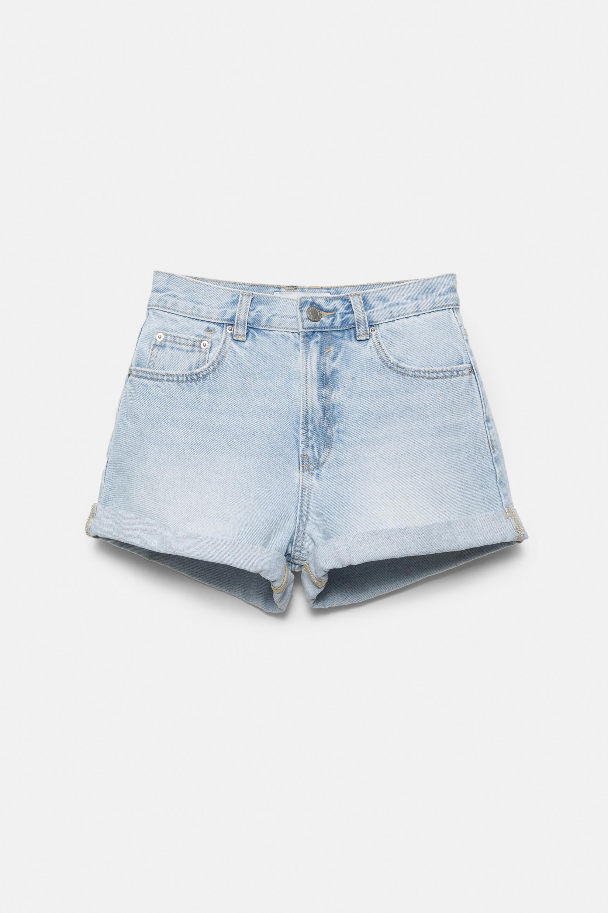 Denim mom fit shorts with turn-up hems — Pale blue