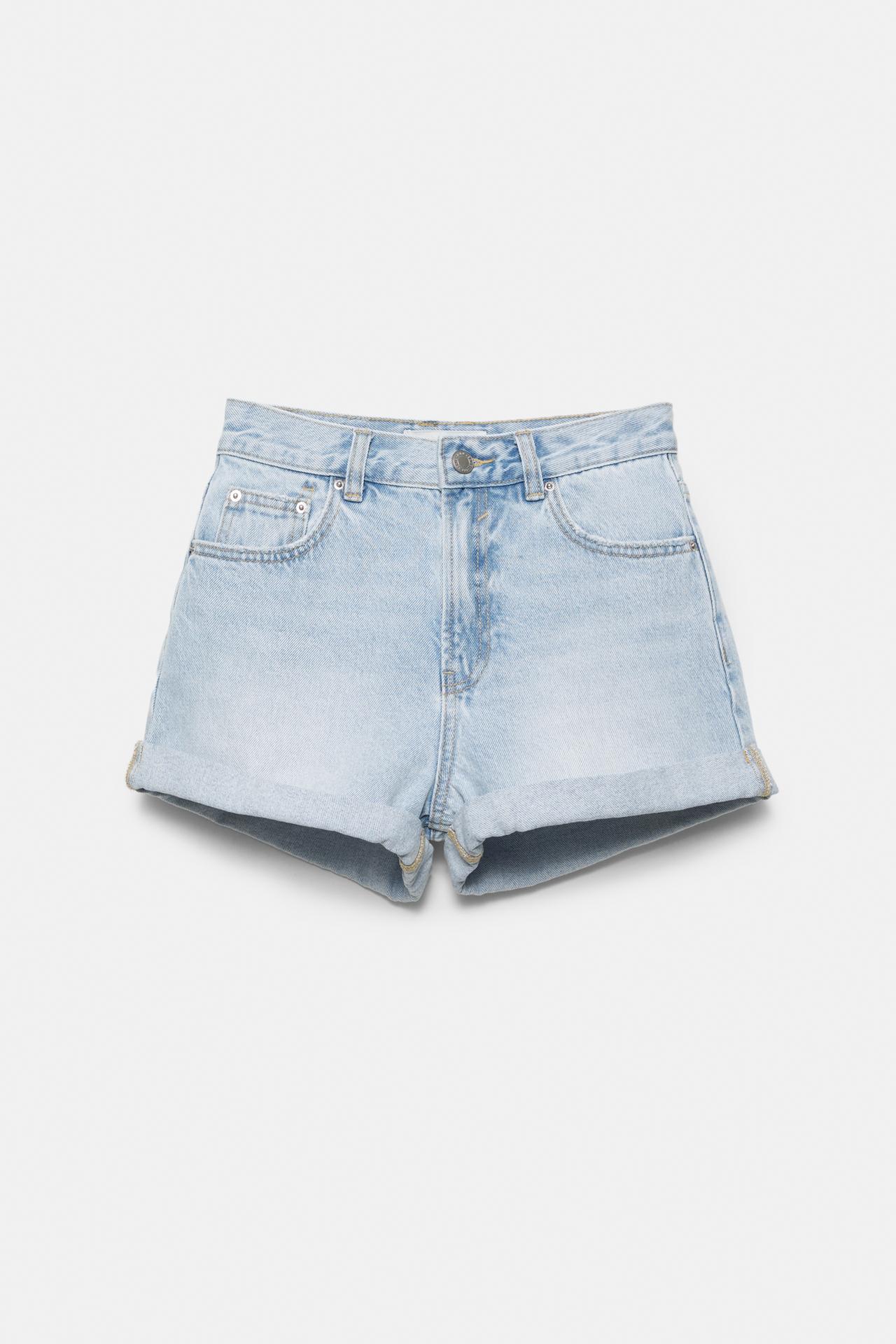 Denim mom fit shorts with turn-up hems — Pale blue