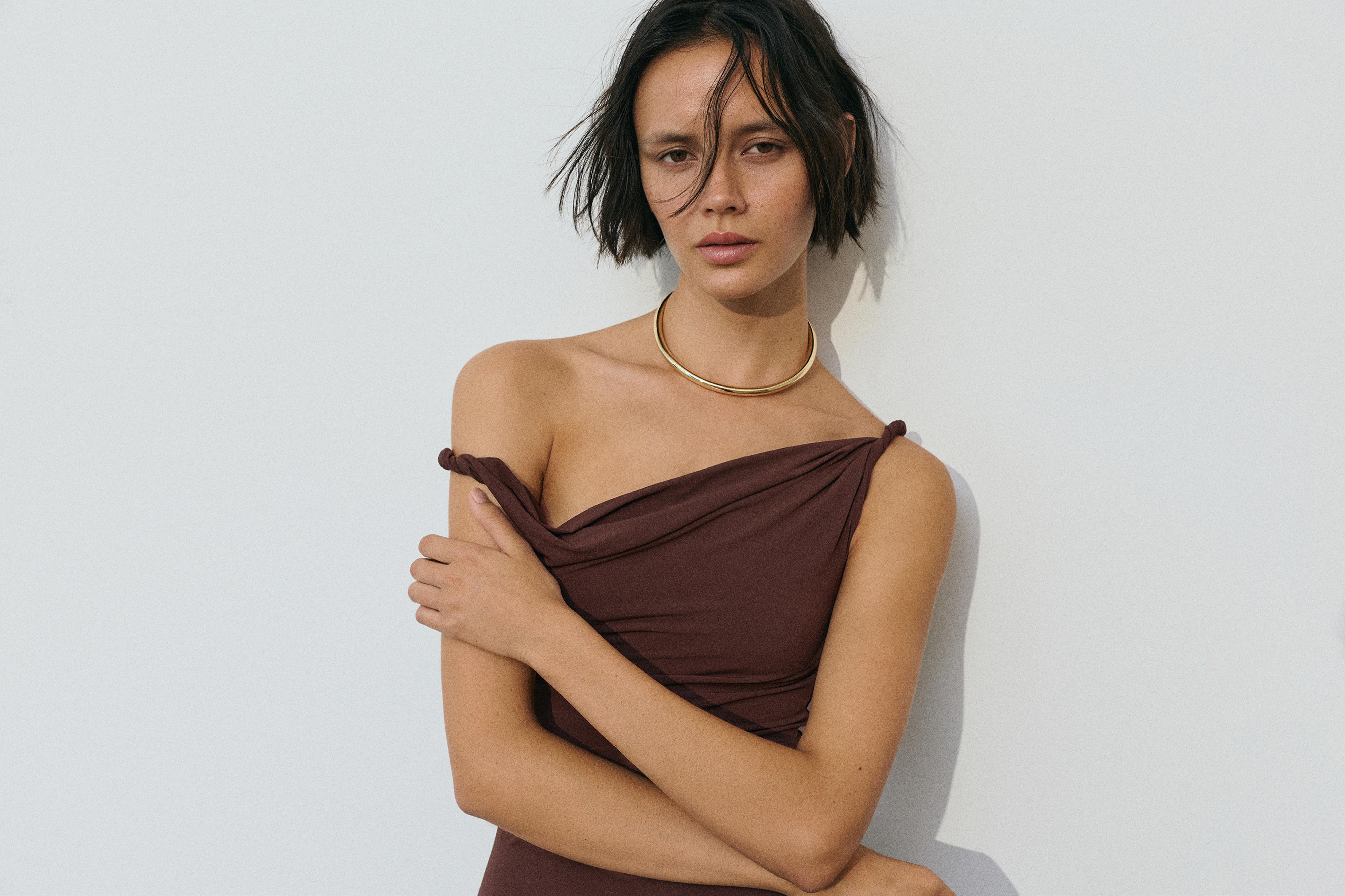 Asymmetric midi dress — Brown