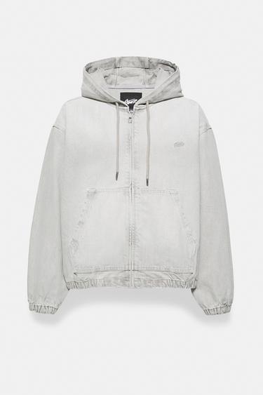 STWD hooded zip-up denim jacket — Pale grey 4