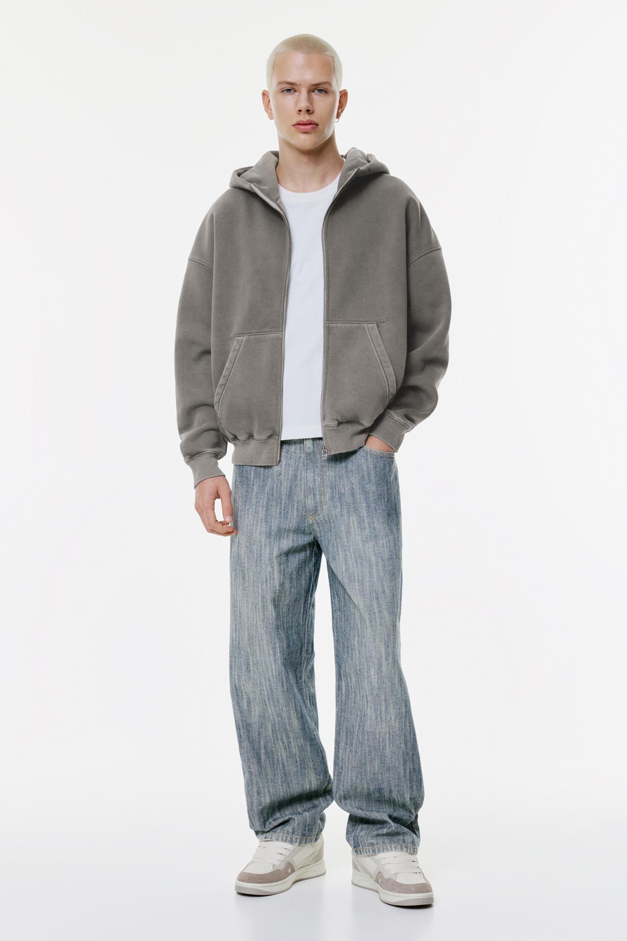 Washed boxy zip-up hoodie — Grey