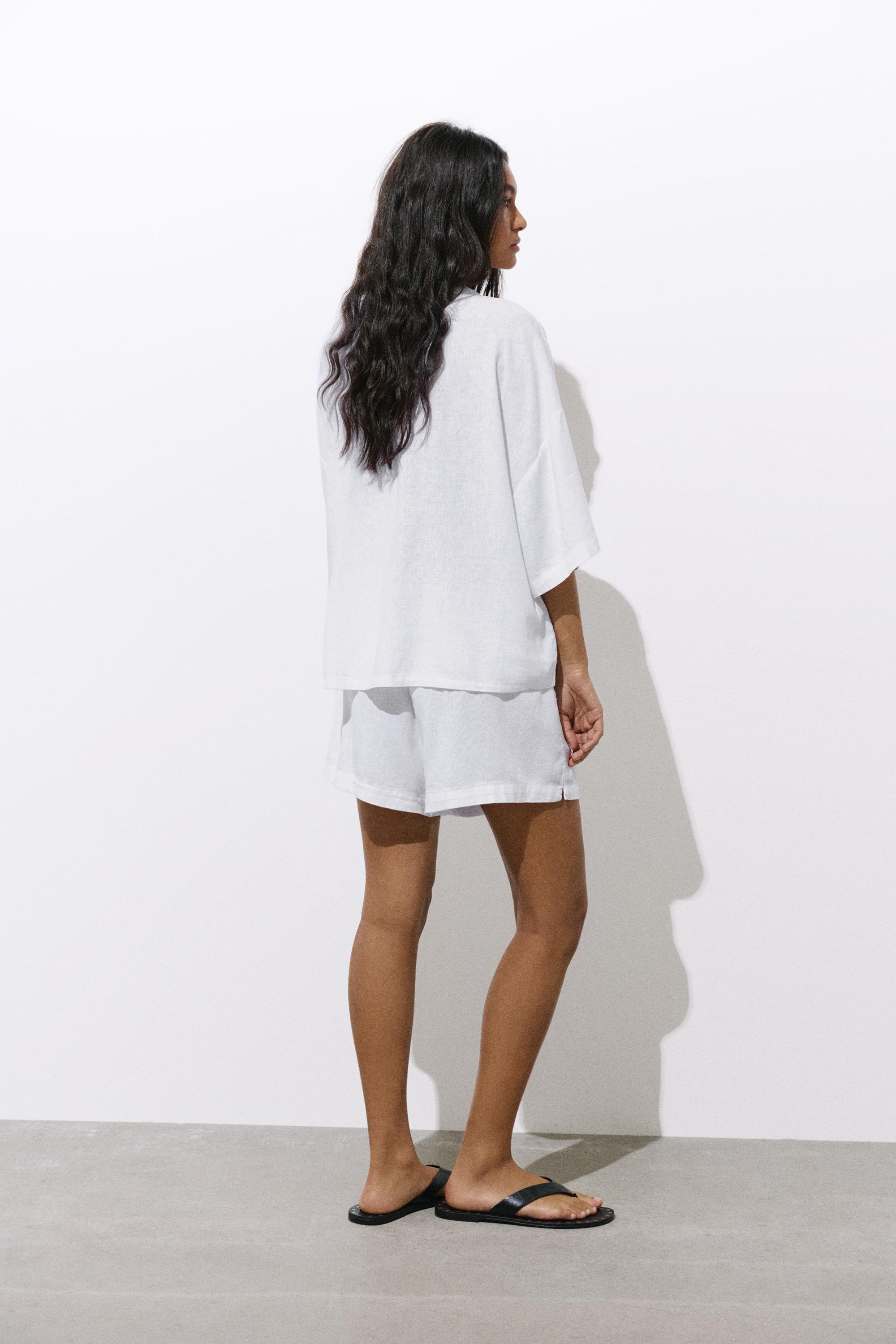 Short sleeve linen blend shirt — White