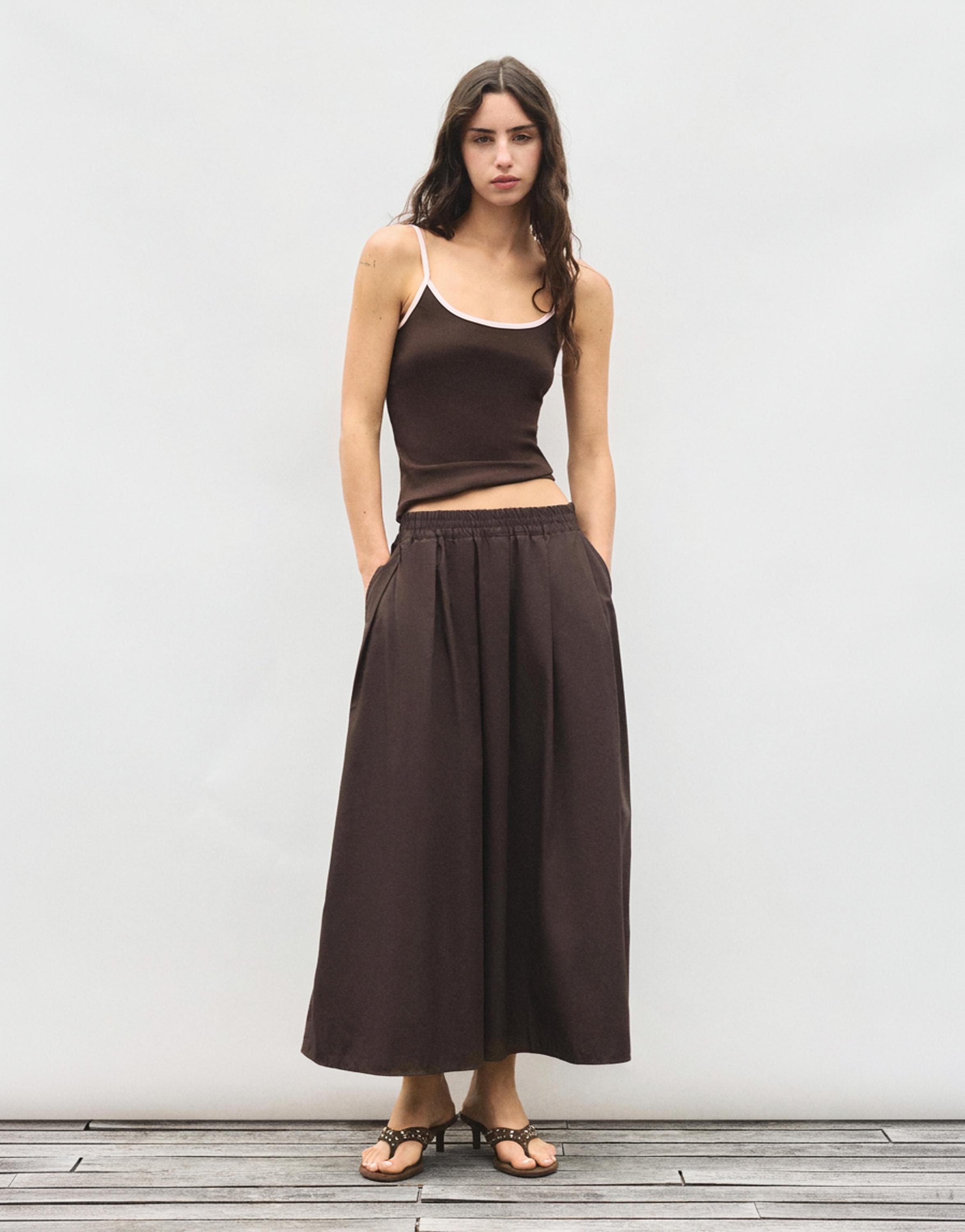 Long poplin skirt — Brown