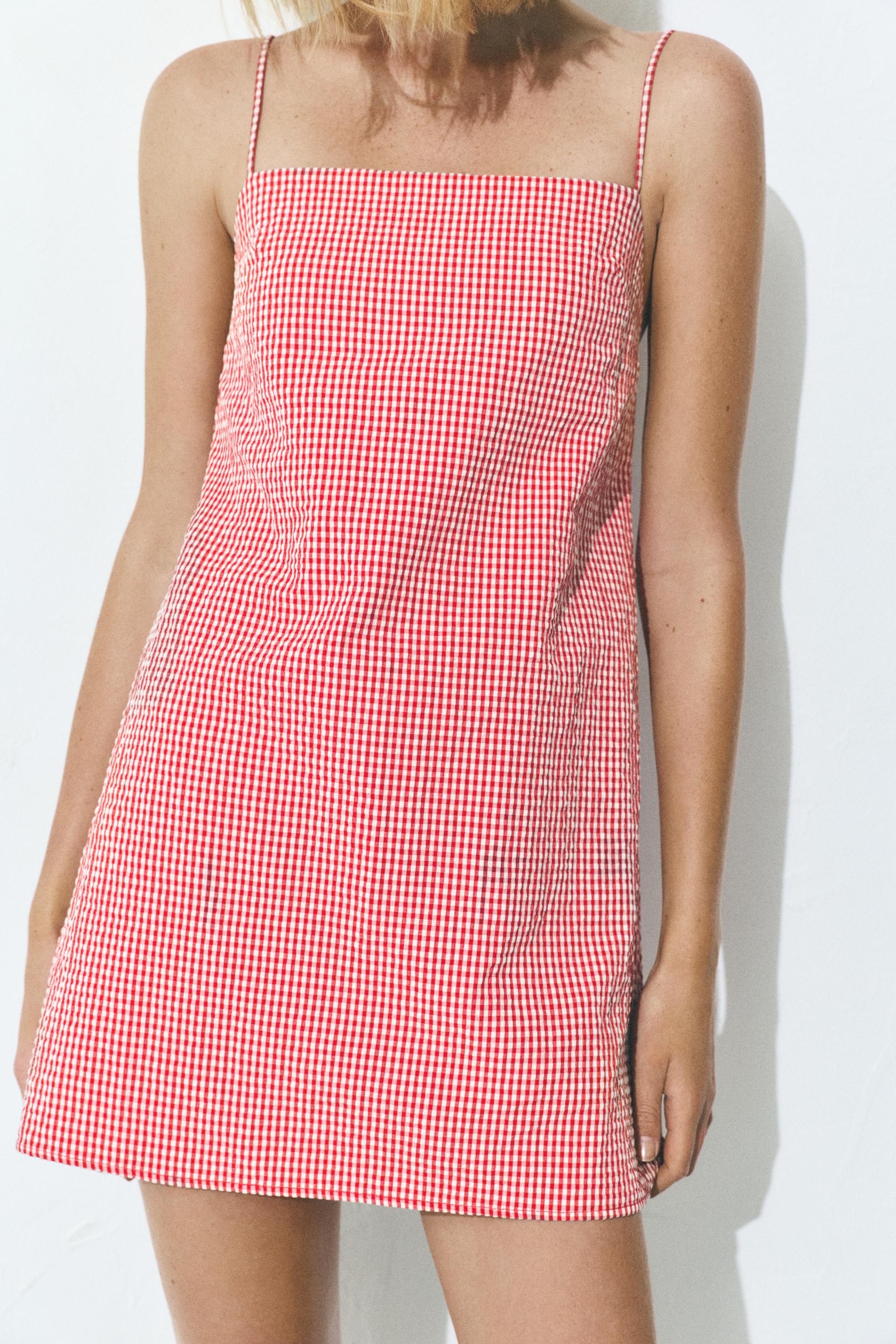 Short gingham check strappy dress — Red/White