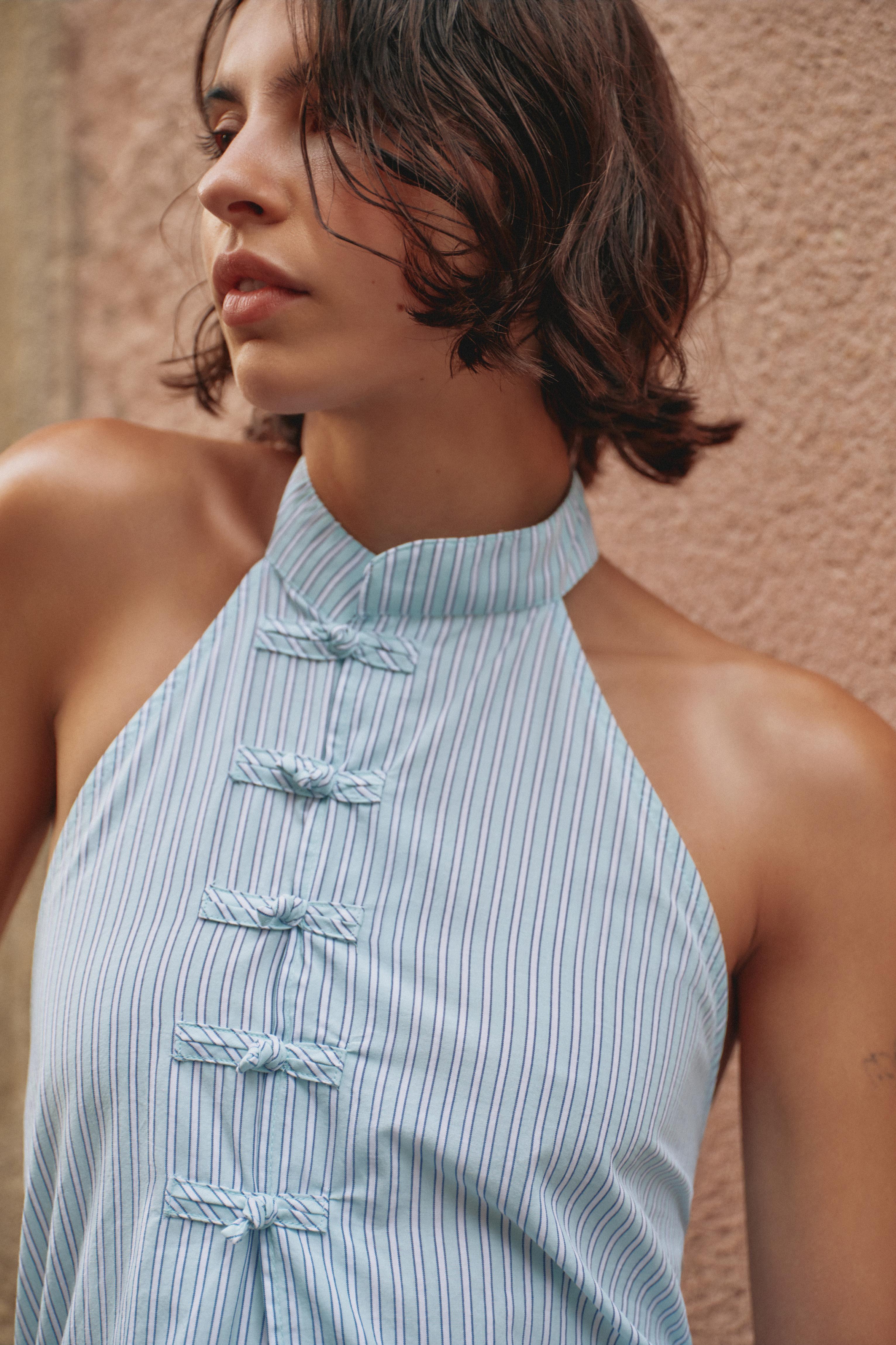 Striped halter toggle top — Water blue