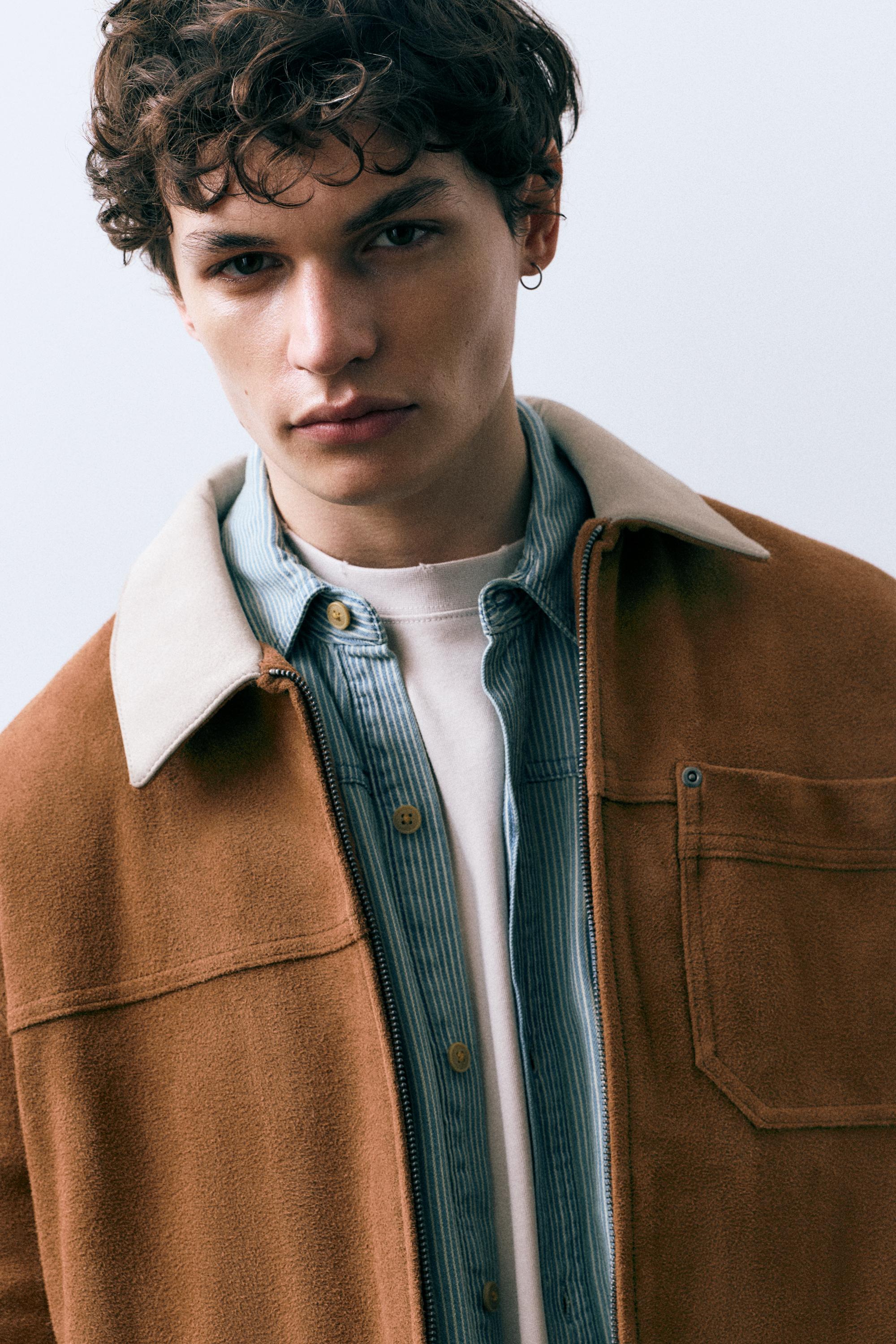 Kontrast yakalı suni süet ceket - Görsel 8