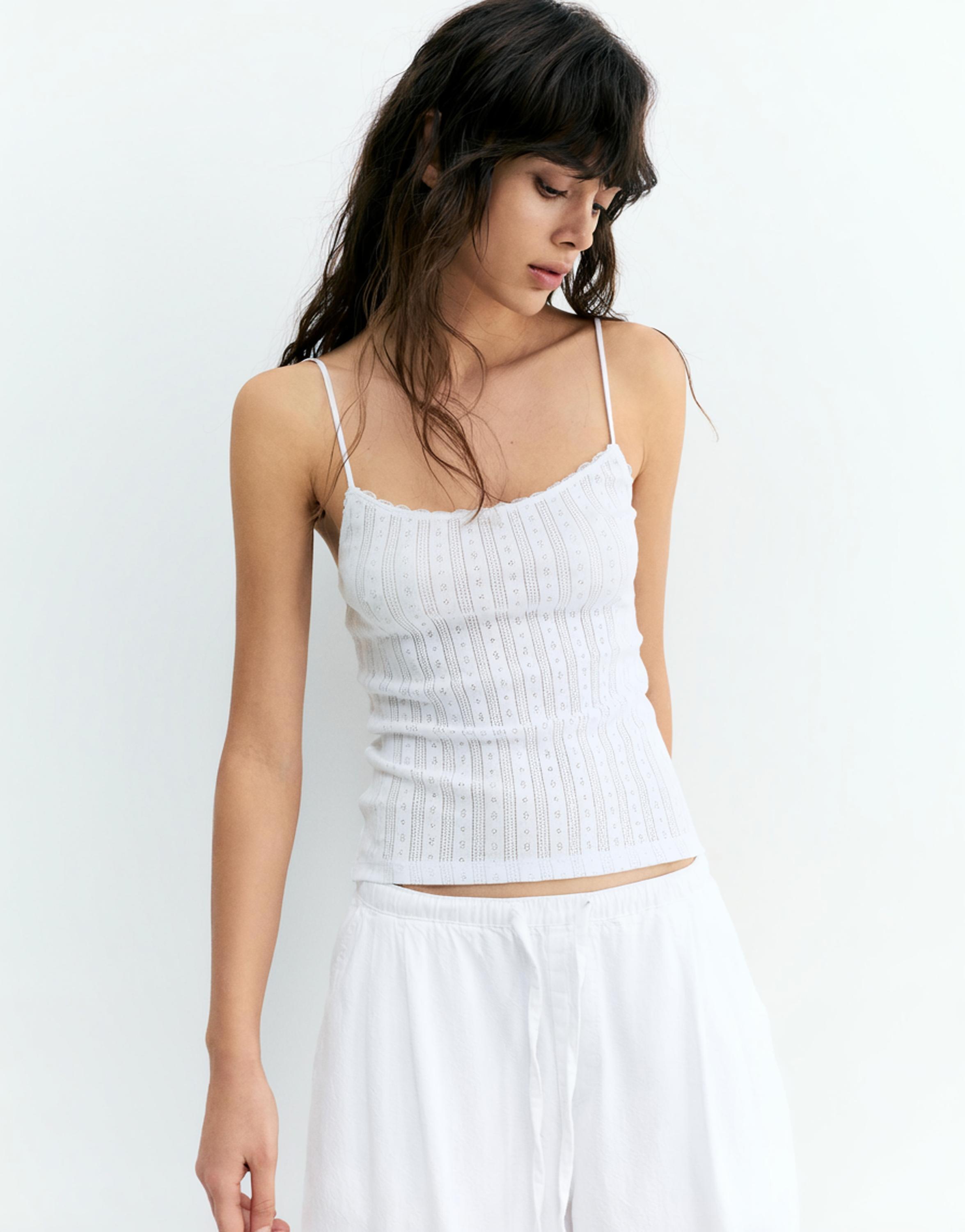 Strappy pointelle knit top — White