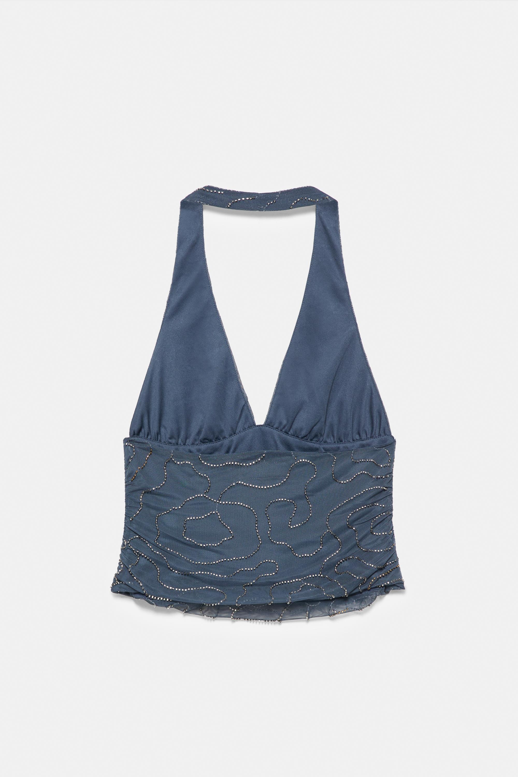 Beaded tulle halter top — Ocean