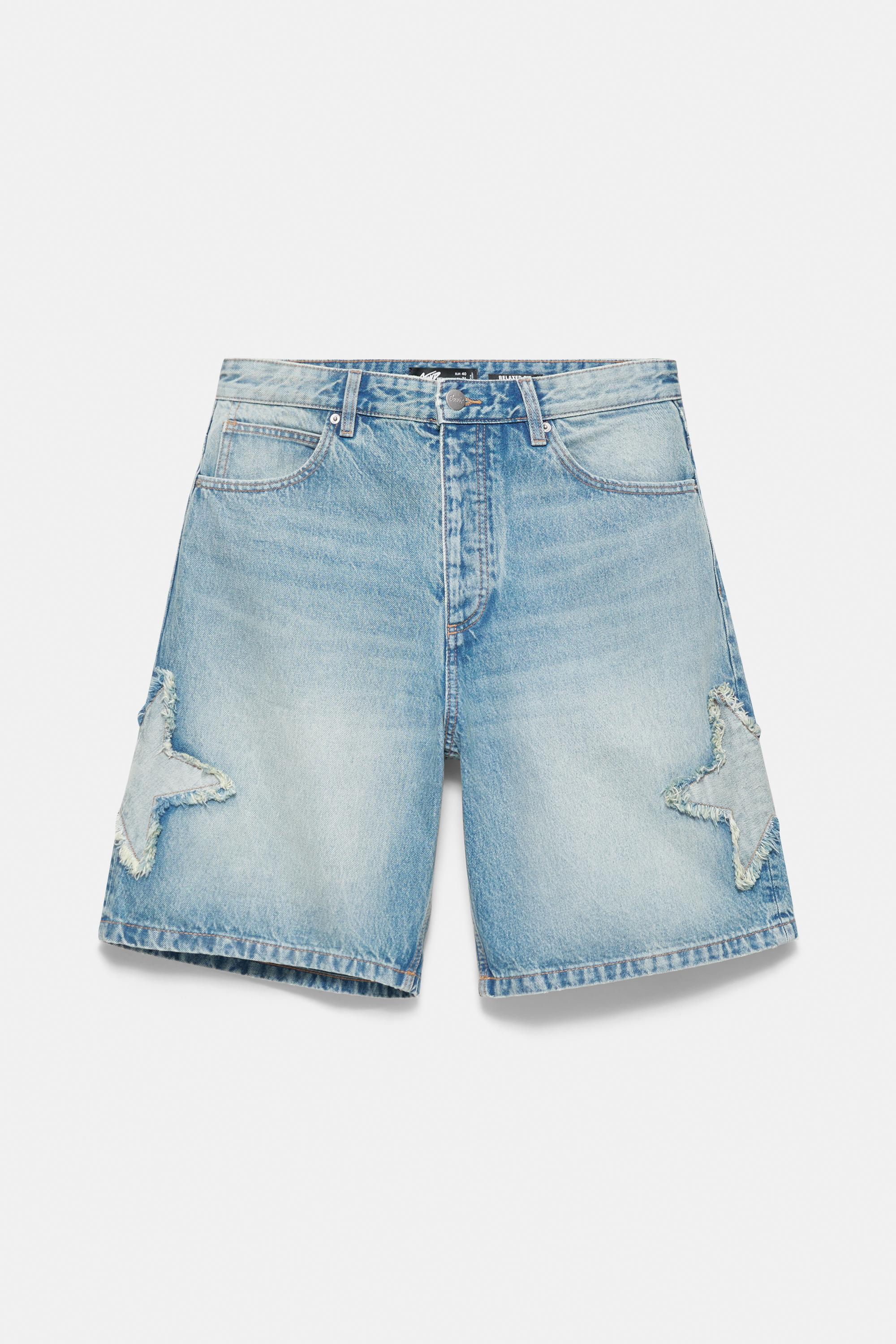 Relaxed fit denim Bermuda shorts with stars — Medium blue