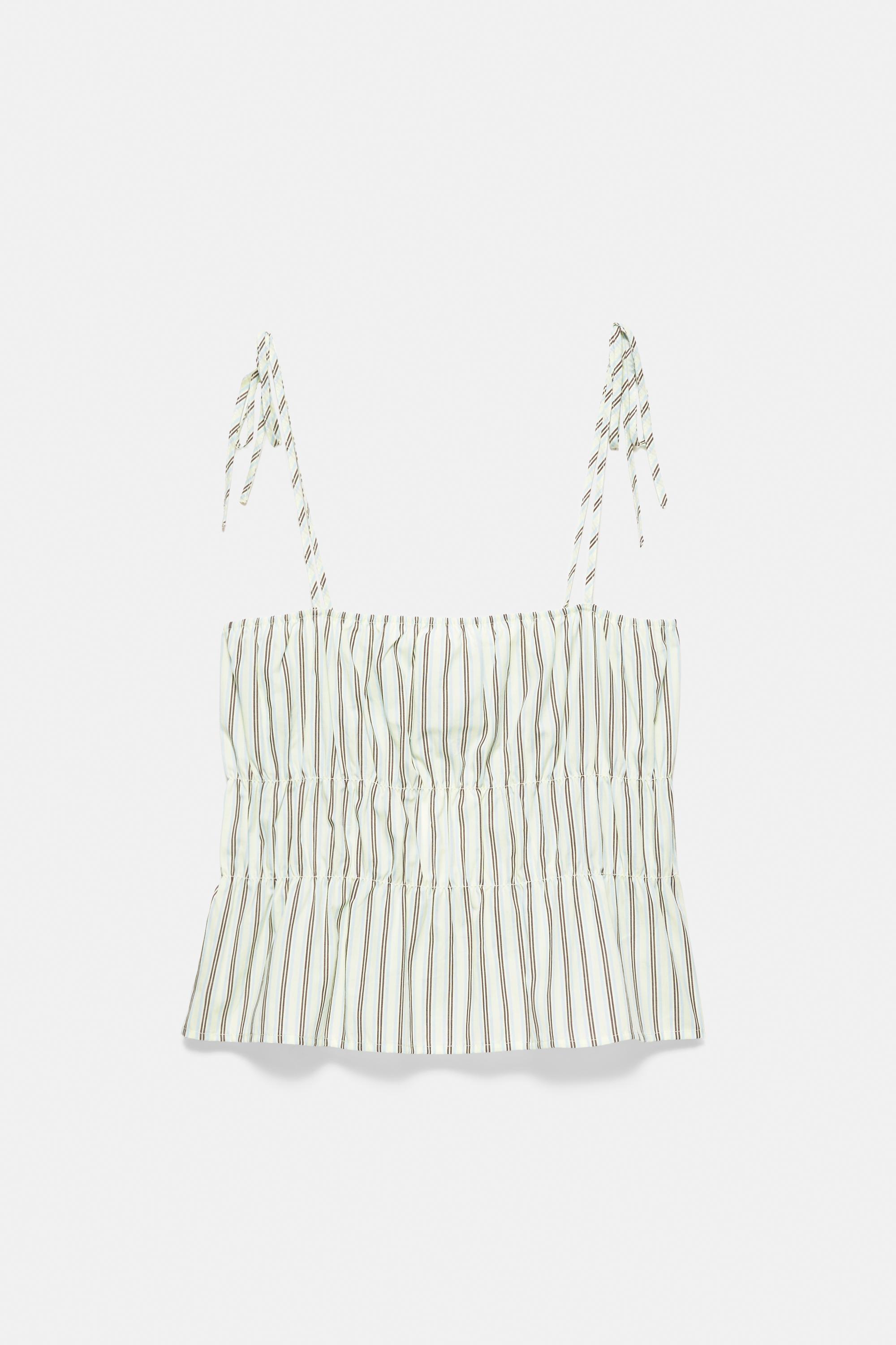 Striped gathered strap top — Yellow