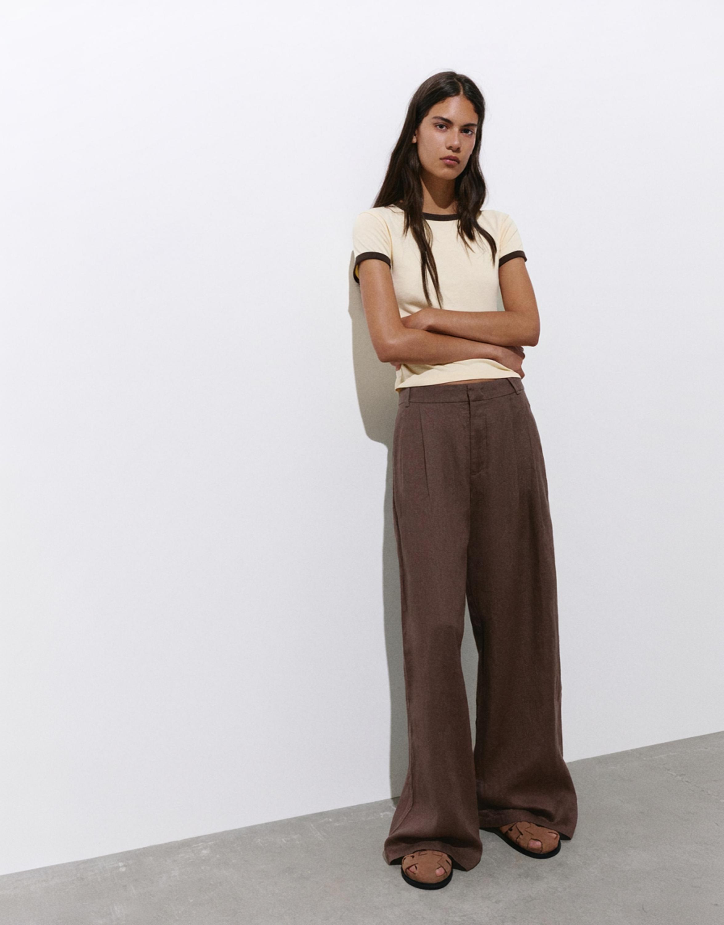 Wide-leg 100% linen trousers — Taupe