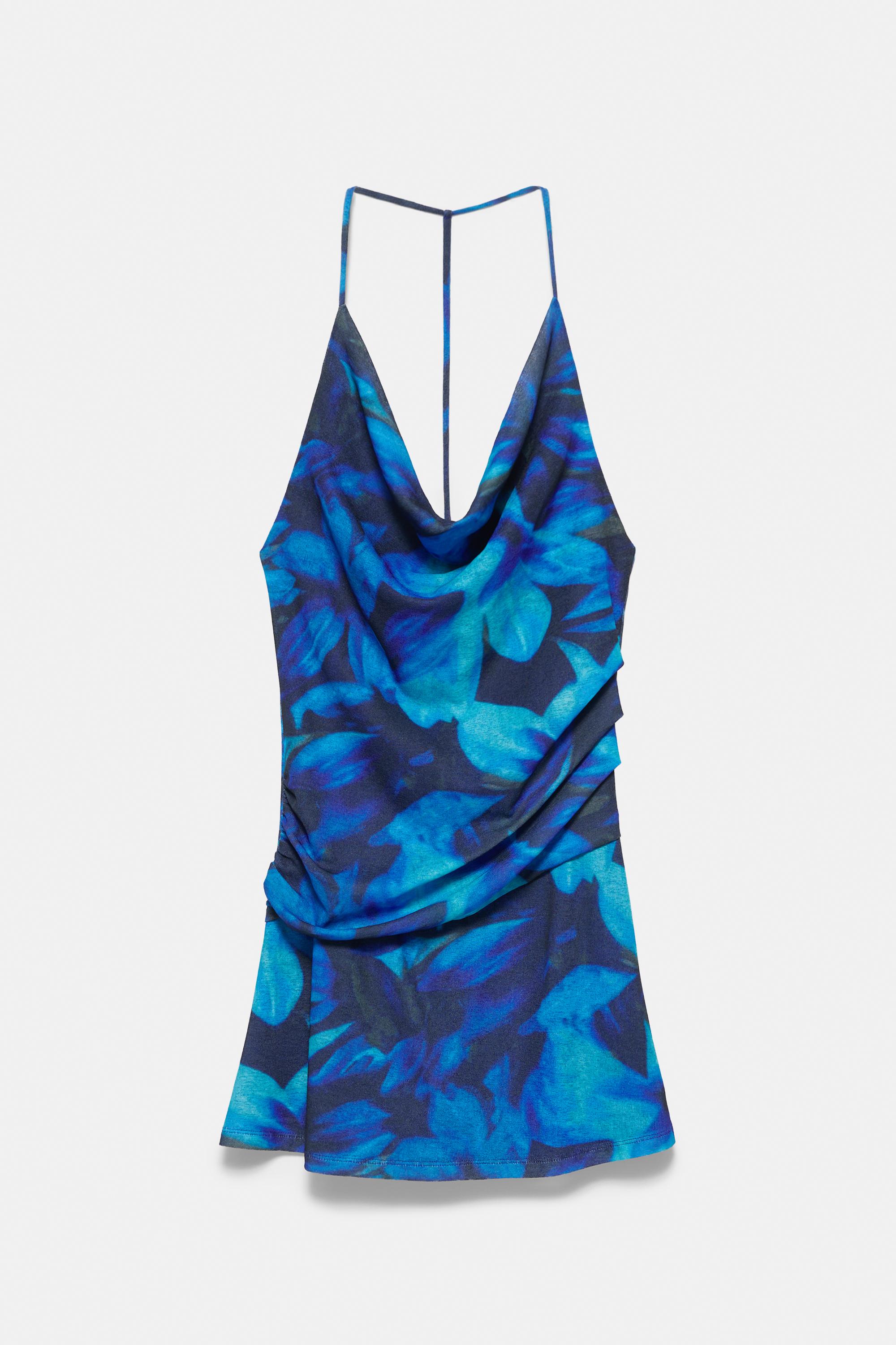 Short floral halter dress — Deep blue