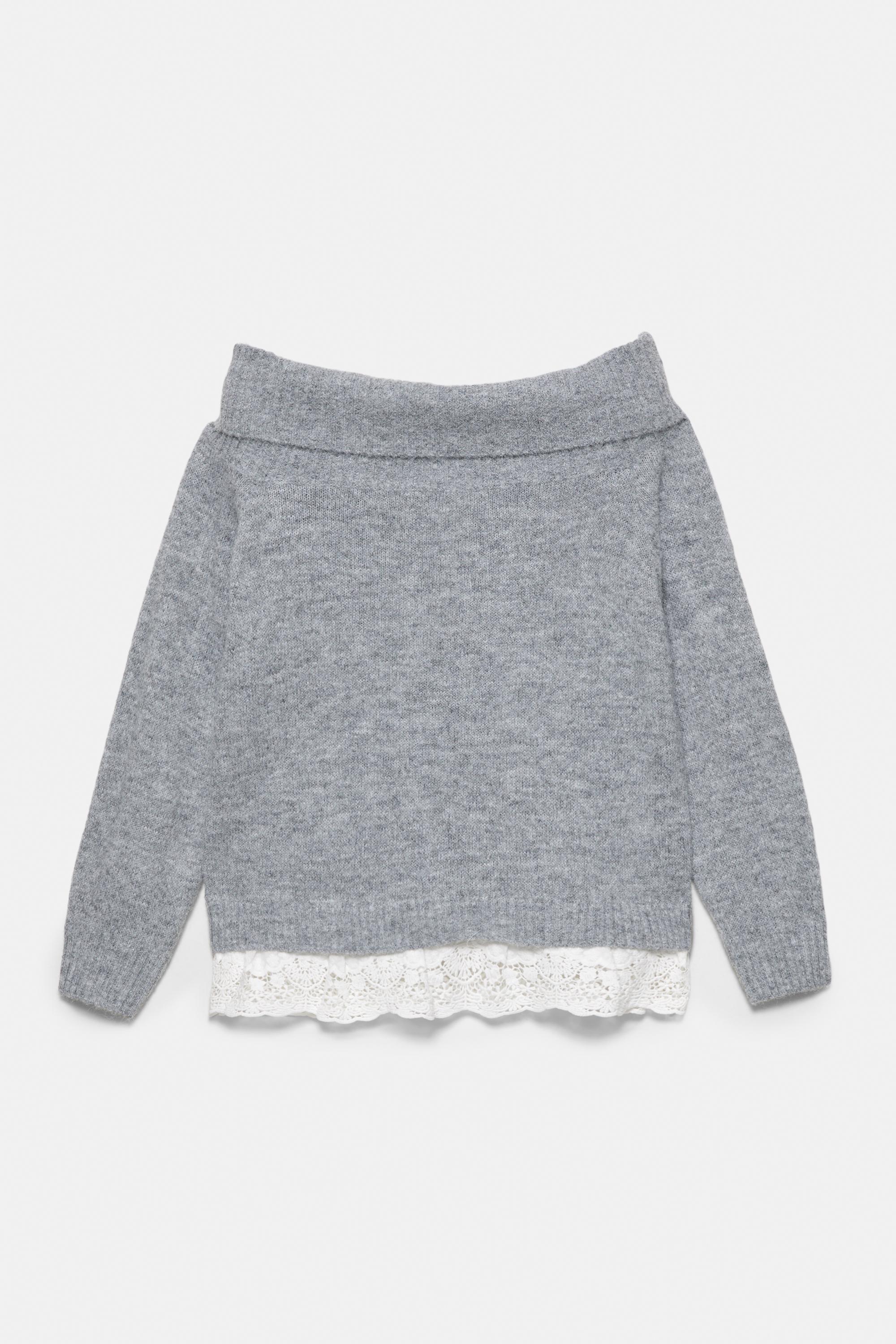 Bardot jumper with combined lace — Grey marl