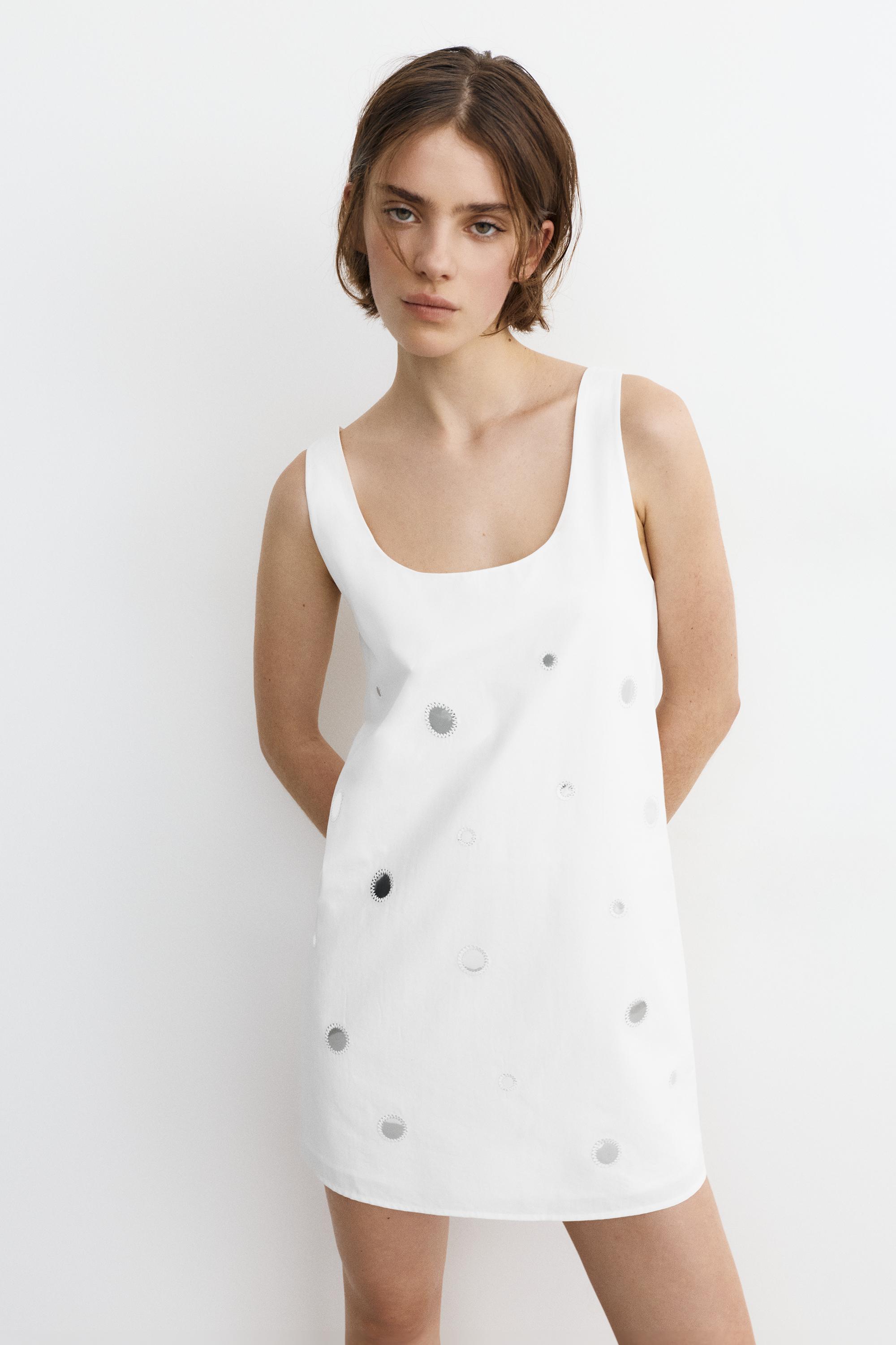 Short strappy dress with mirrored details — Ecru