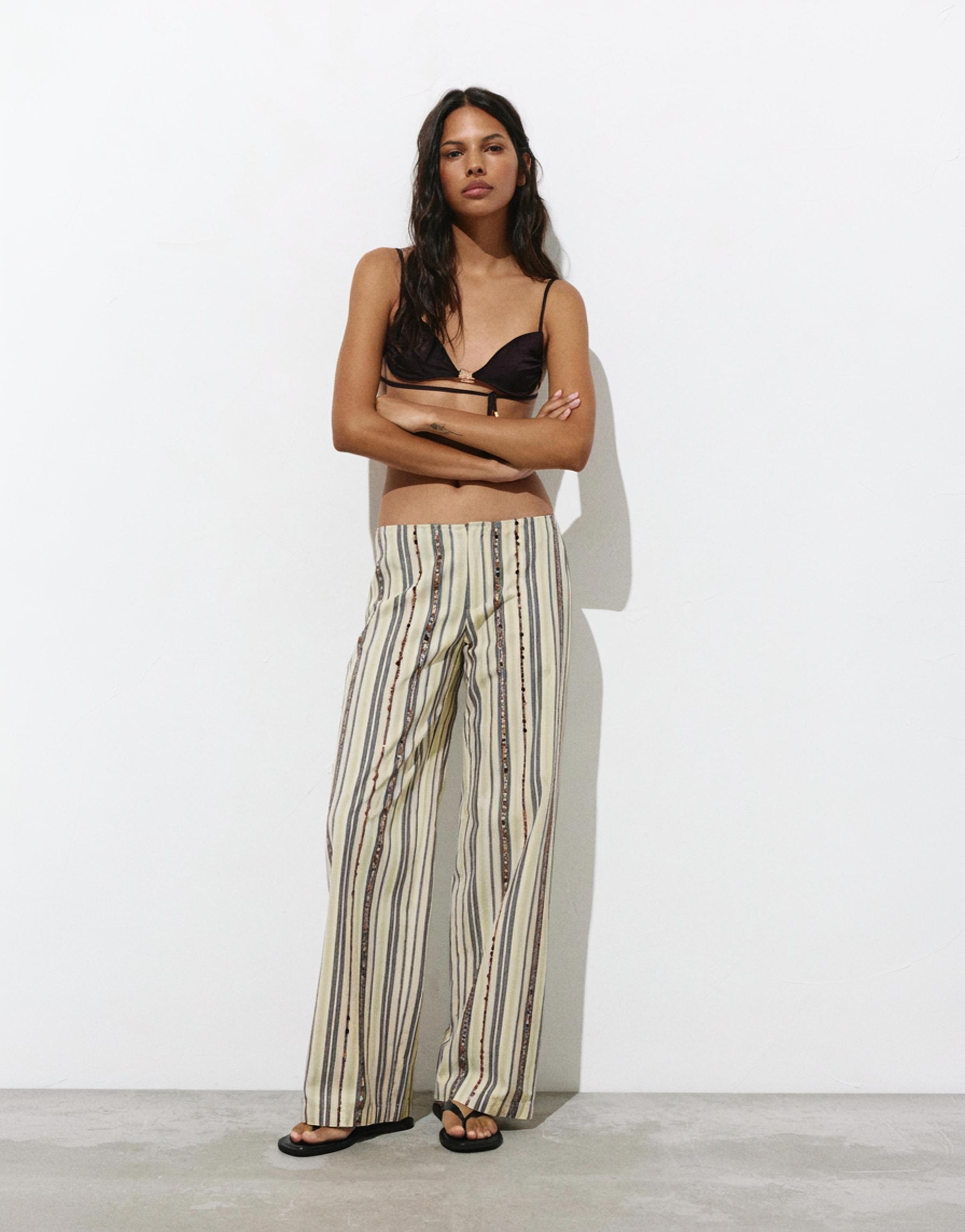 Striped sequin trousers — Brown