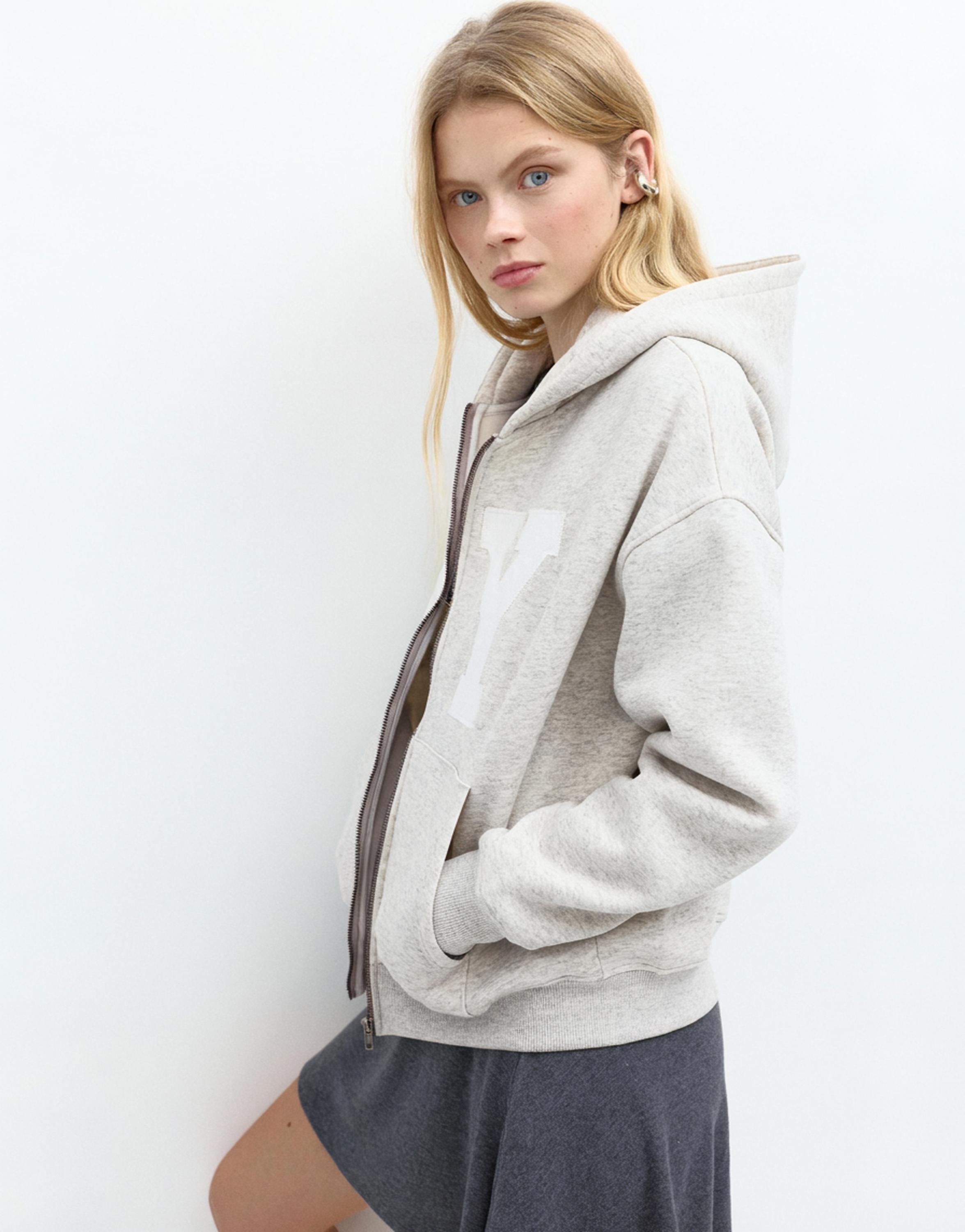 Graphic zip-up hoodie — Grey marl