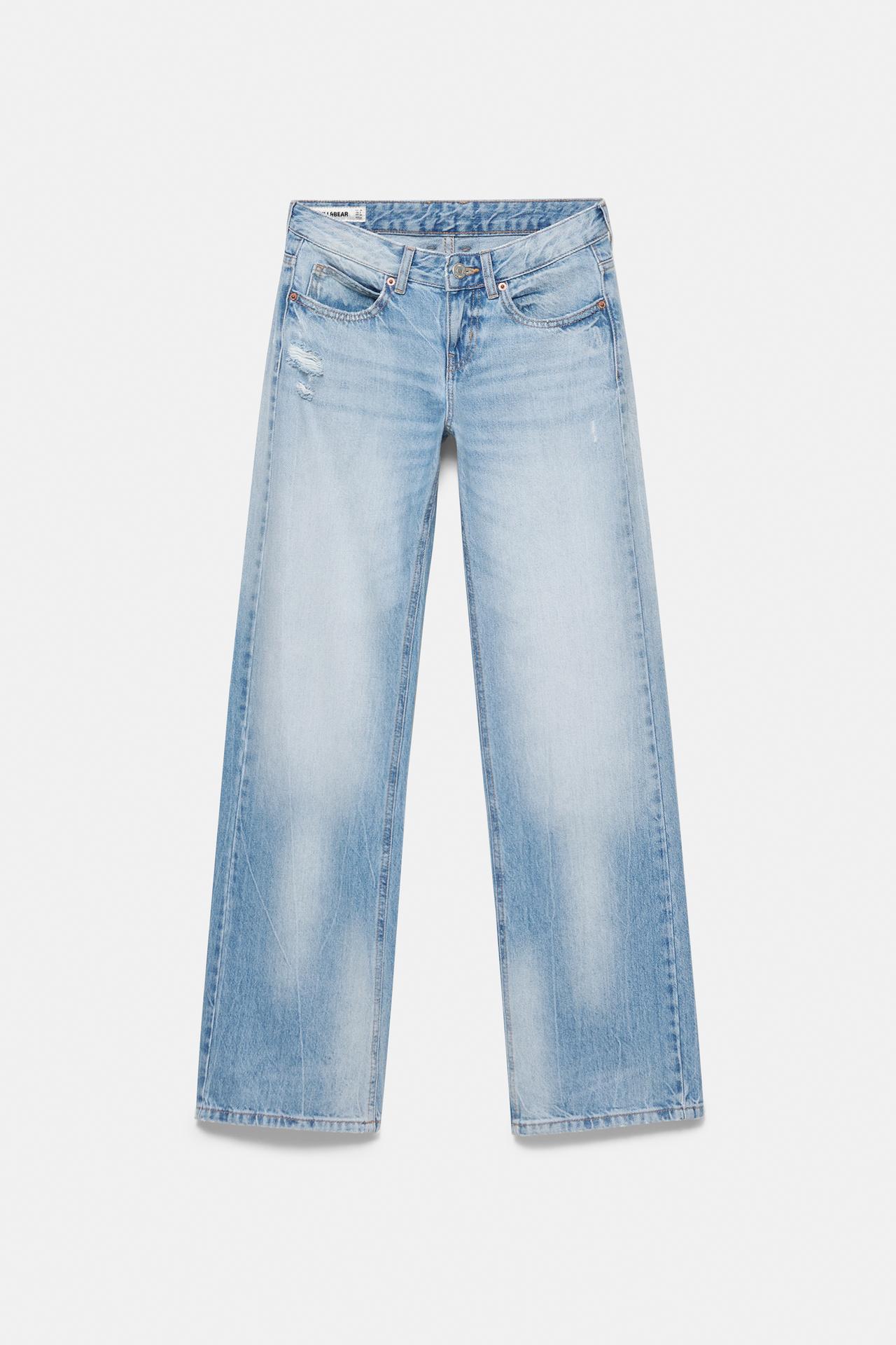 Low-rise straight-leg rhinestone jeans — Pale blue