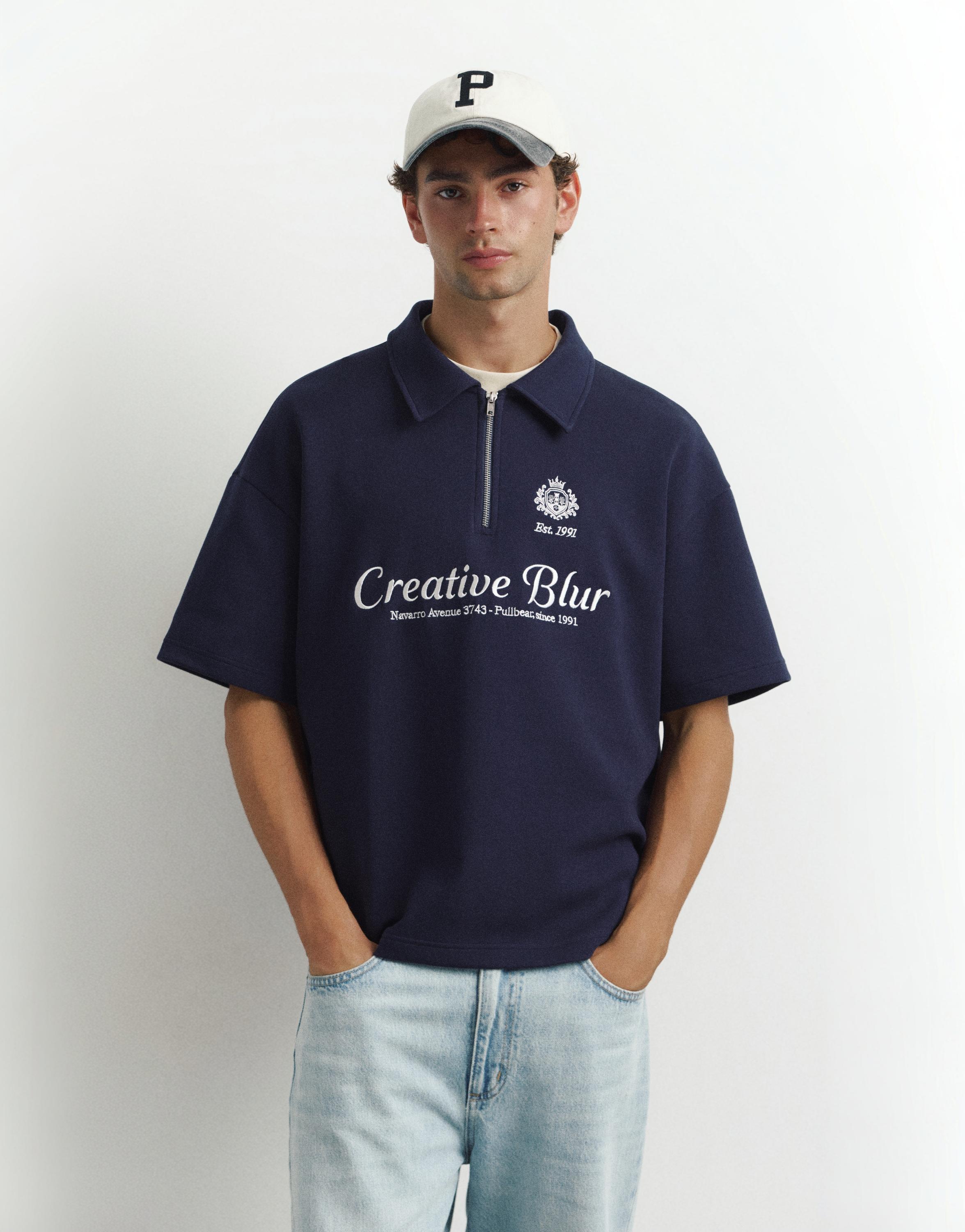 Interlock graphic polo shirt with zip — Navy