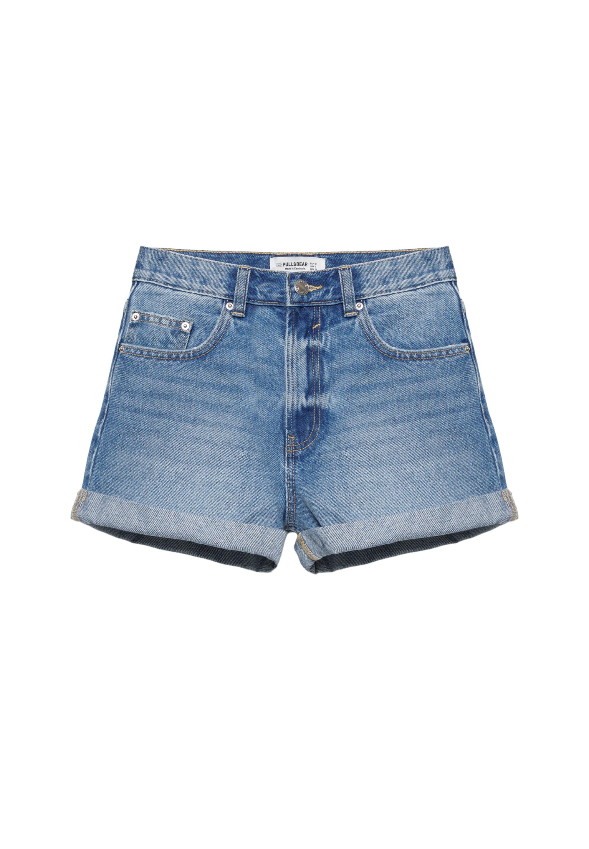 Denim mom fit shorts with turn-up hems — Medium blue