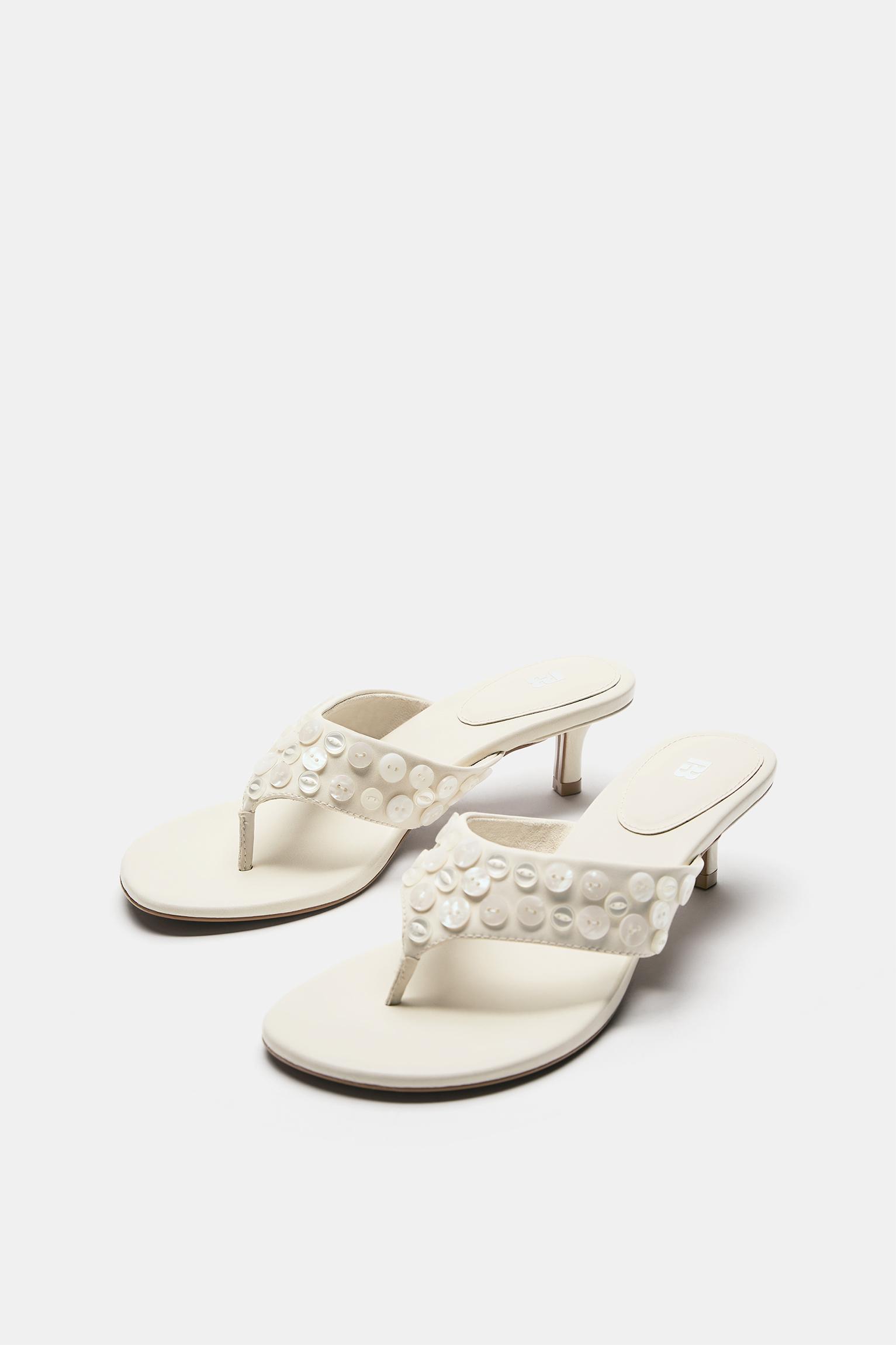 Heeled sandals with button detail — Ecru