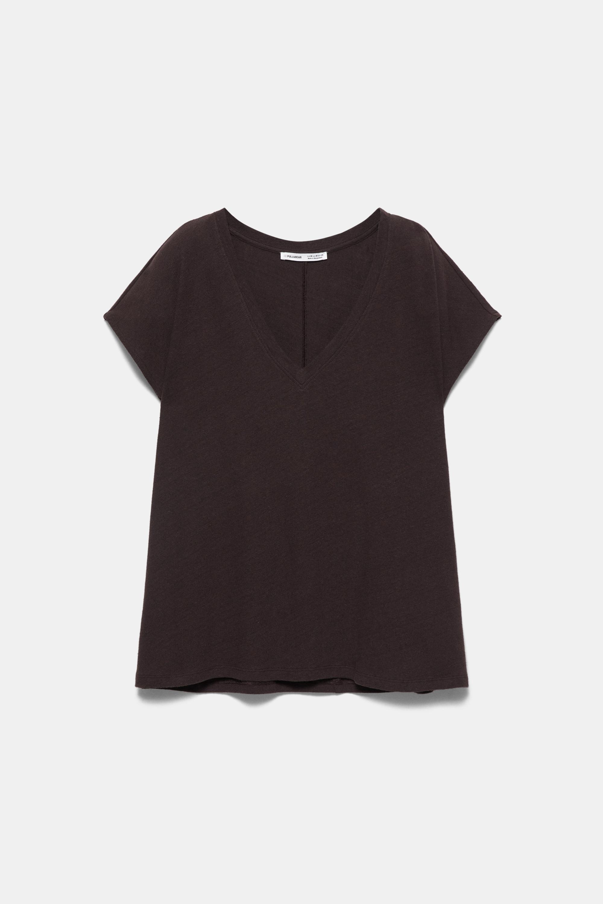 V-neck linen T-shirt — Dark brown