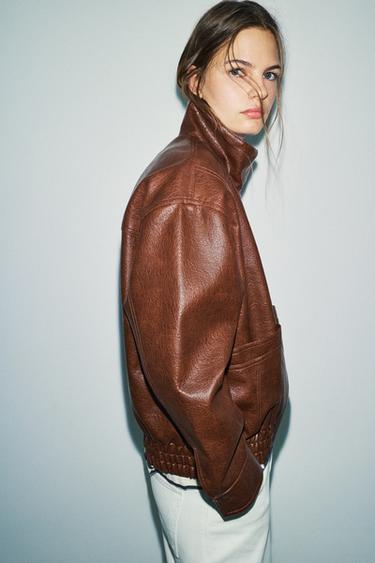 Leather effect high neck jacket — Whisky 4