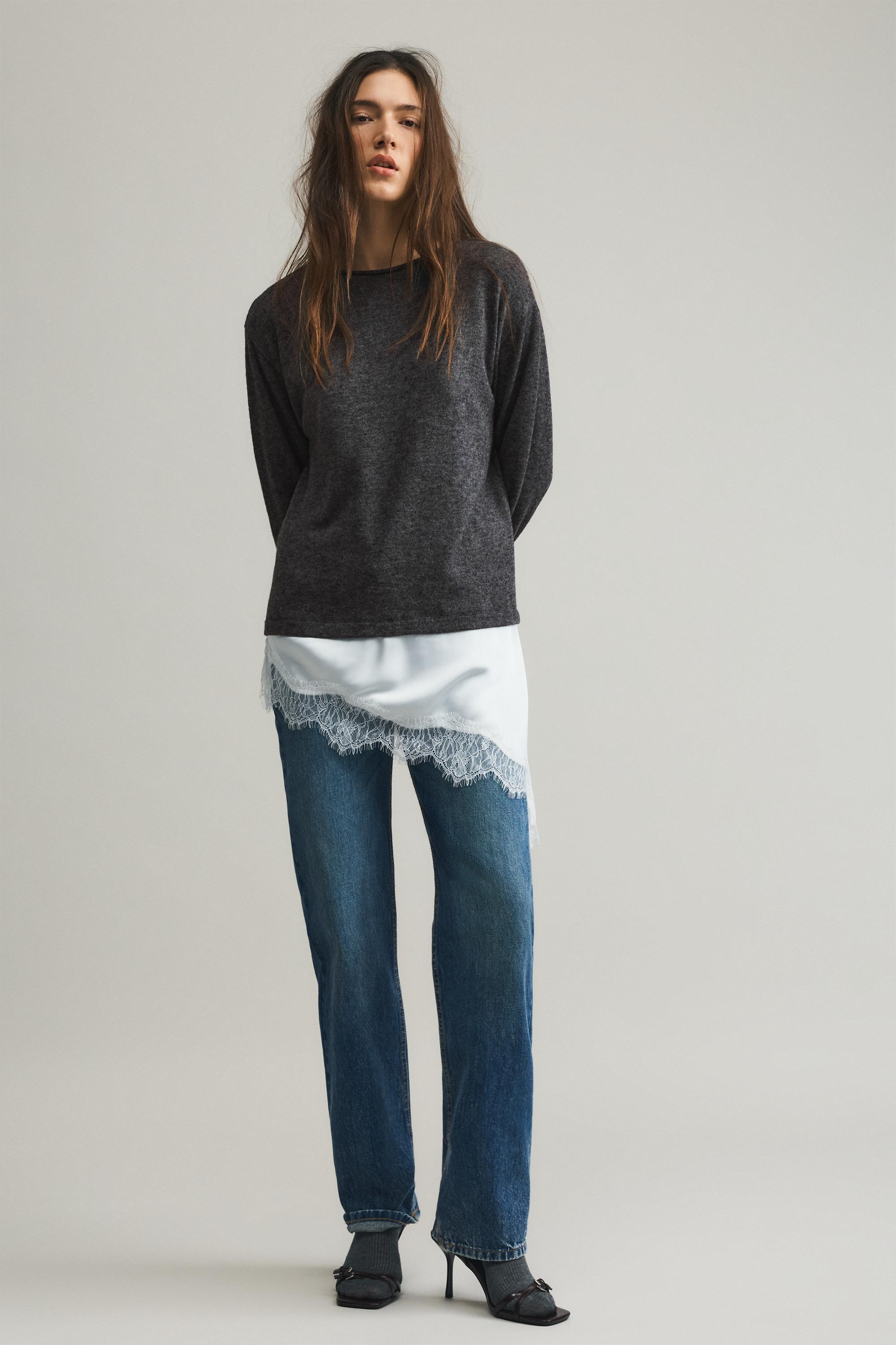 Fine lace combined jumper — Dark grey