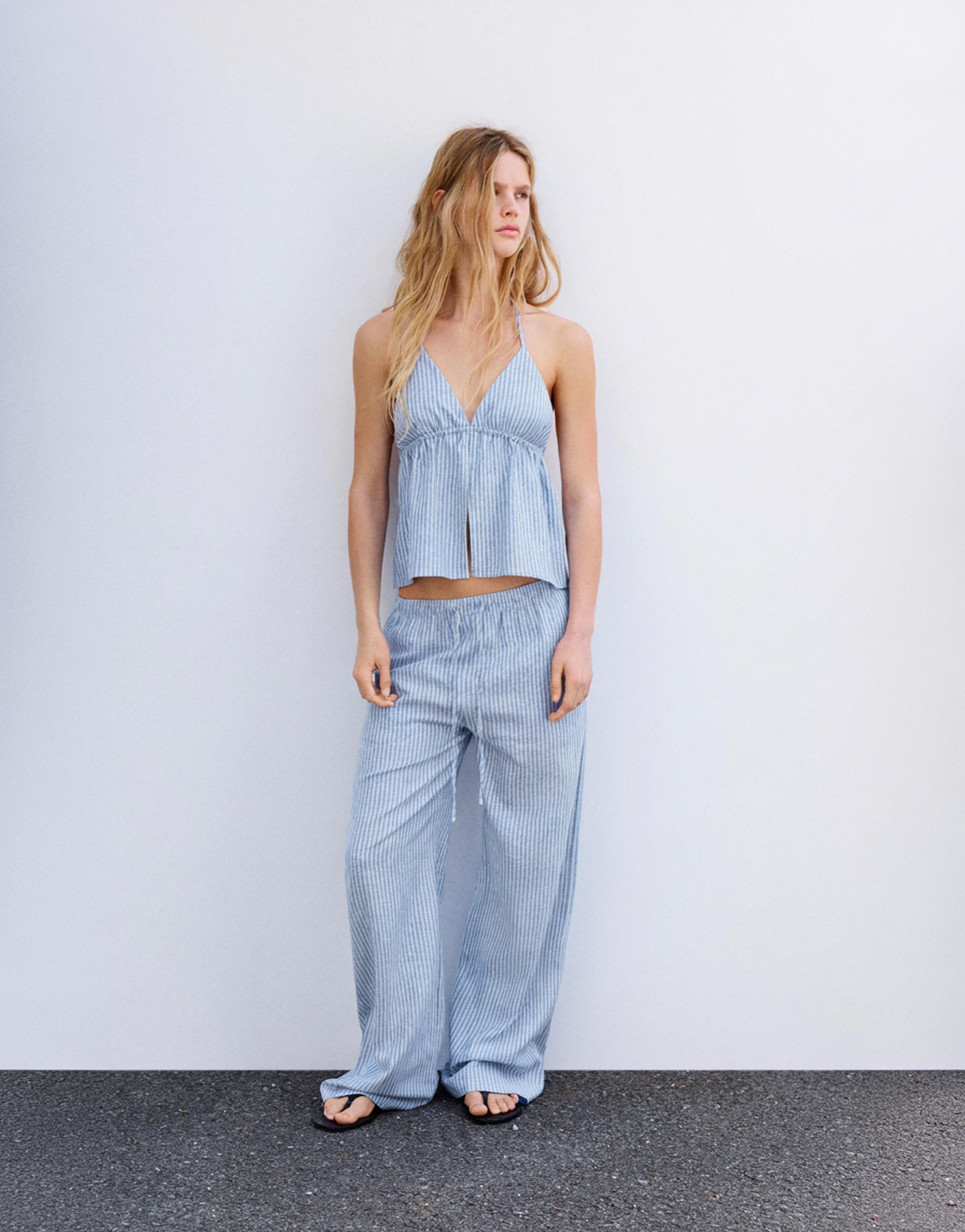 Striped pyjama-style trousers with linen — Blue