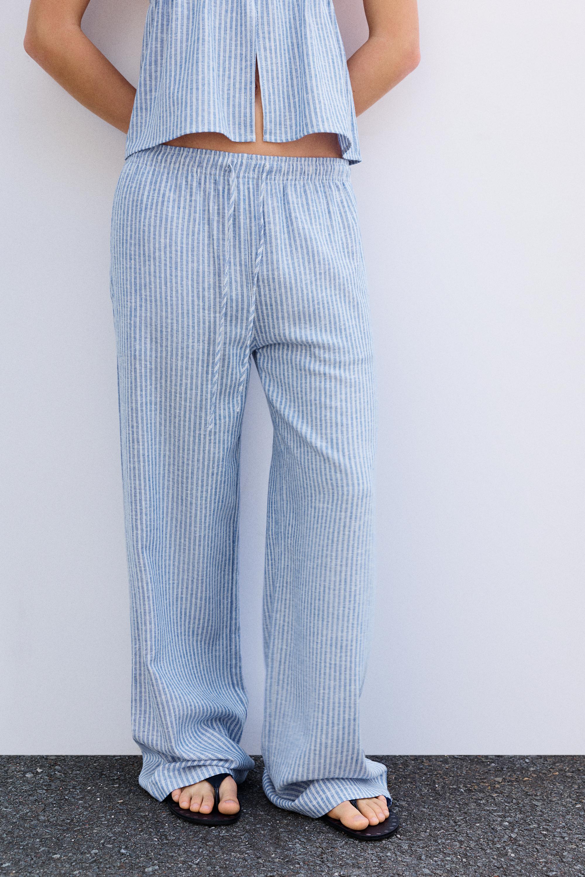 Striped pyjama-style trousers with linen — Blue