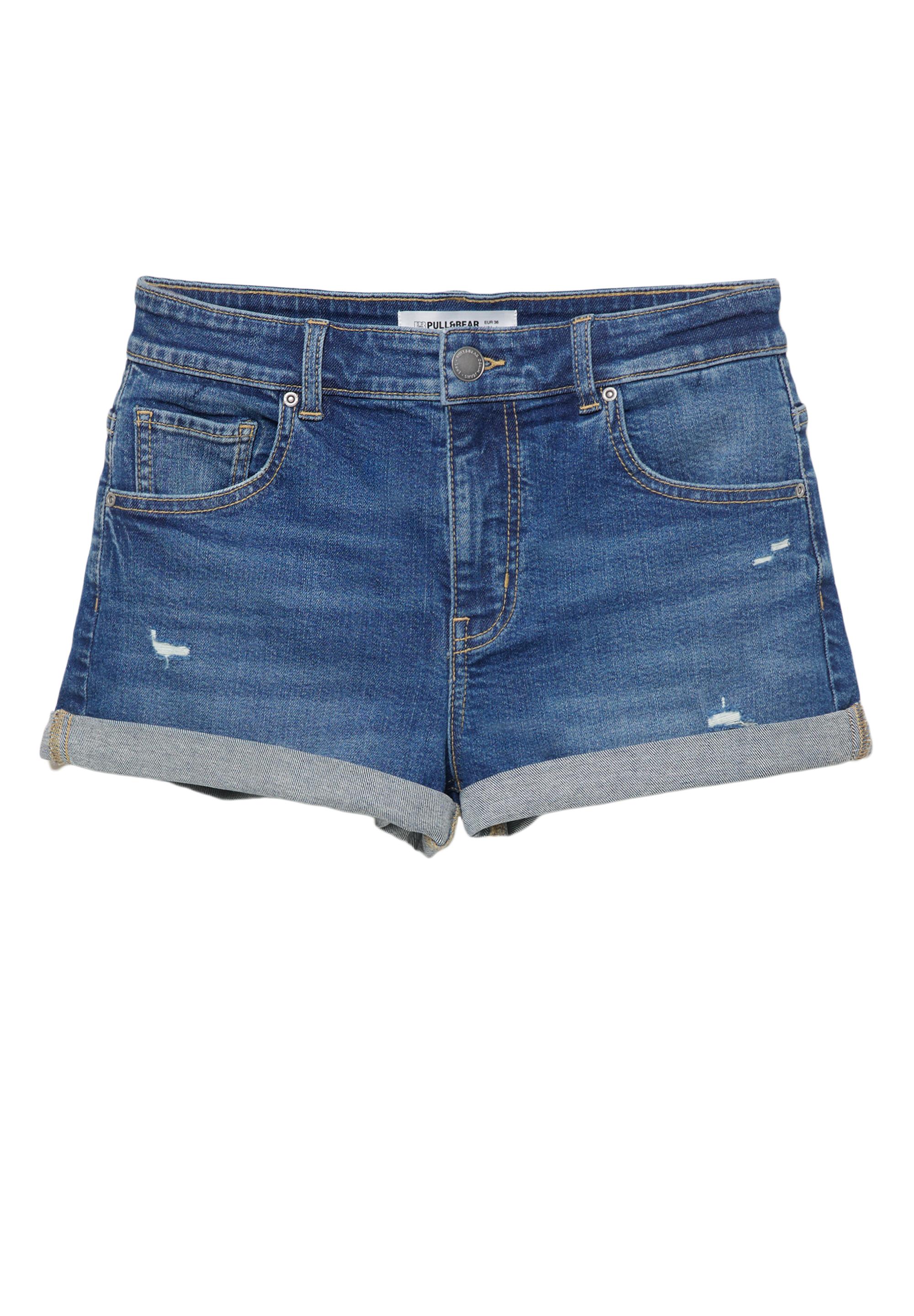 Orta bel denim şort - Görsel 4