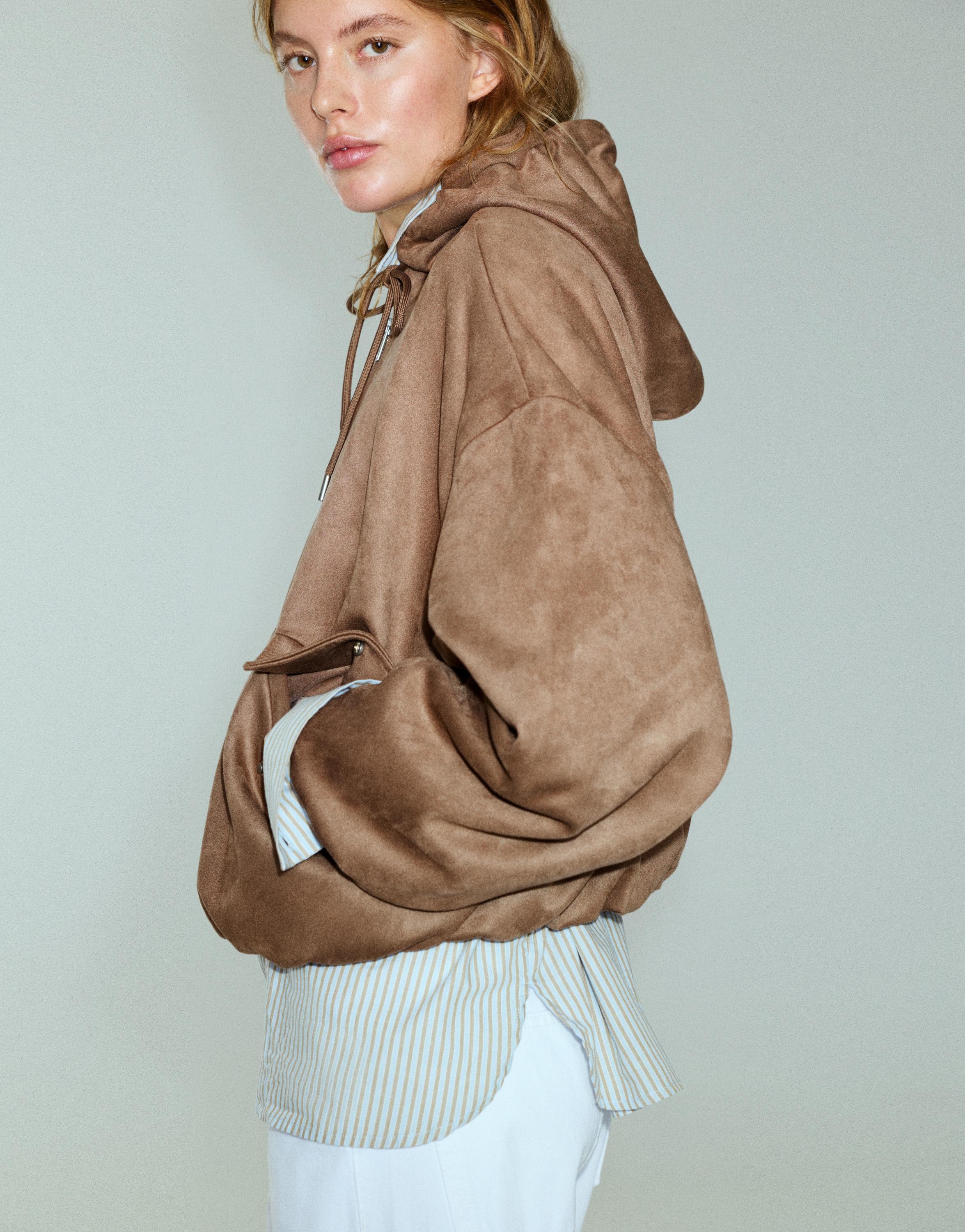 Pull&Bear Kapüşonlu suni süet bomber ceket görsel 7