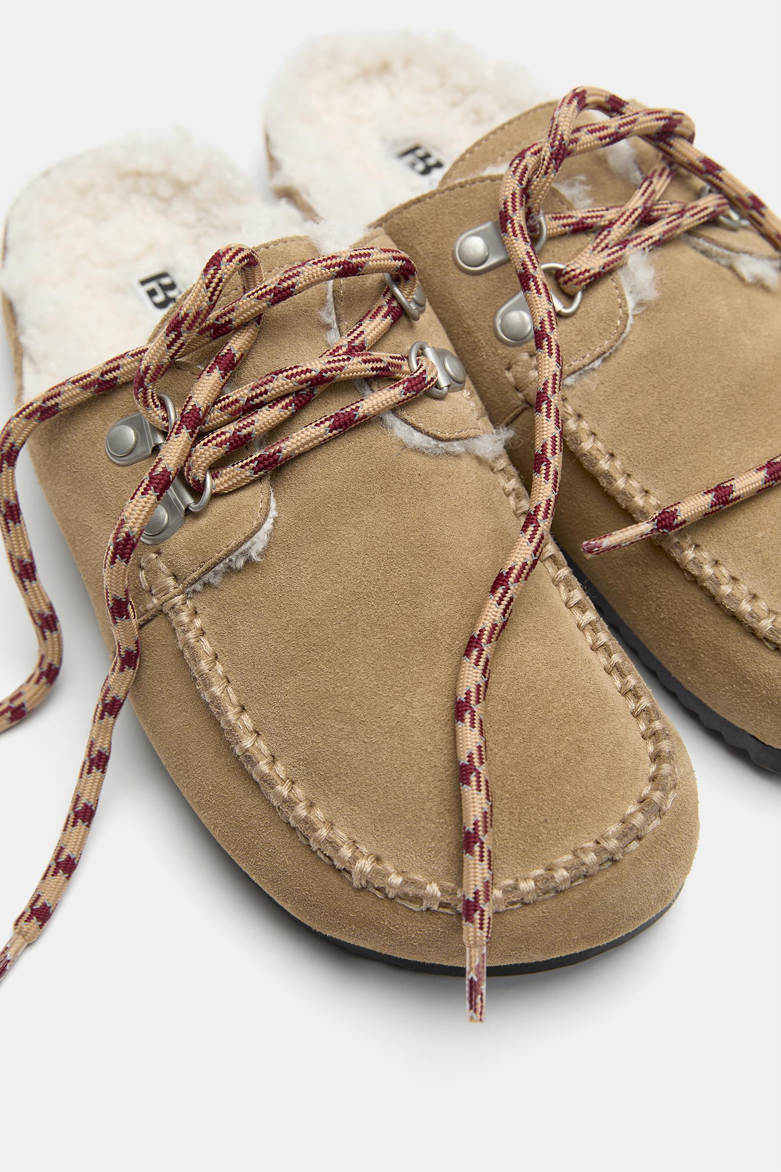 Faux shearling leather lace-up clogs — Sand
