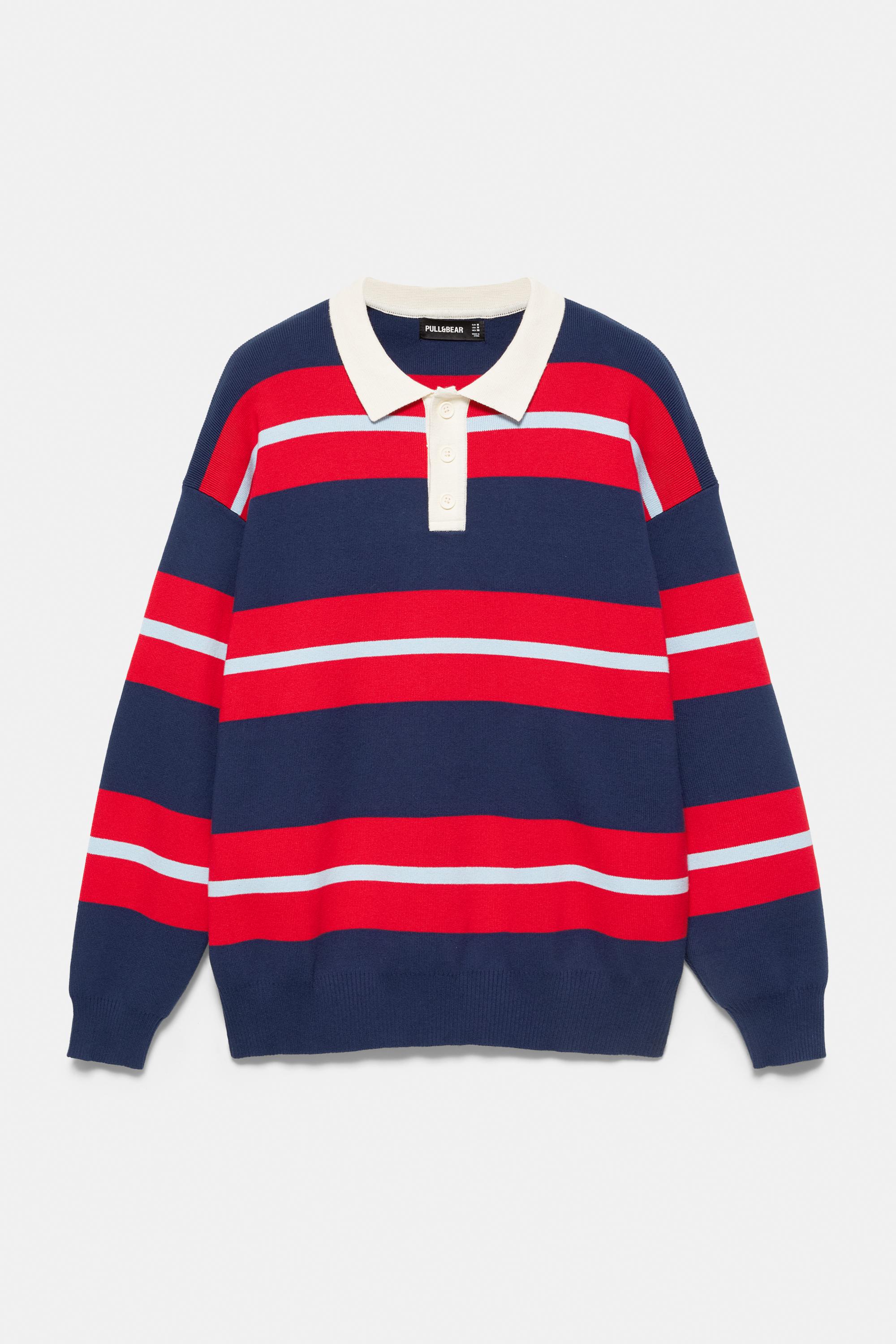 Striped knit polo shirt — Navy