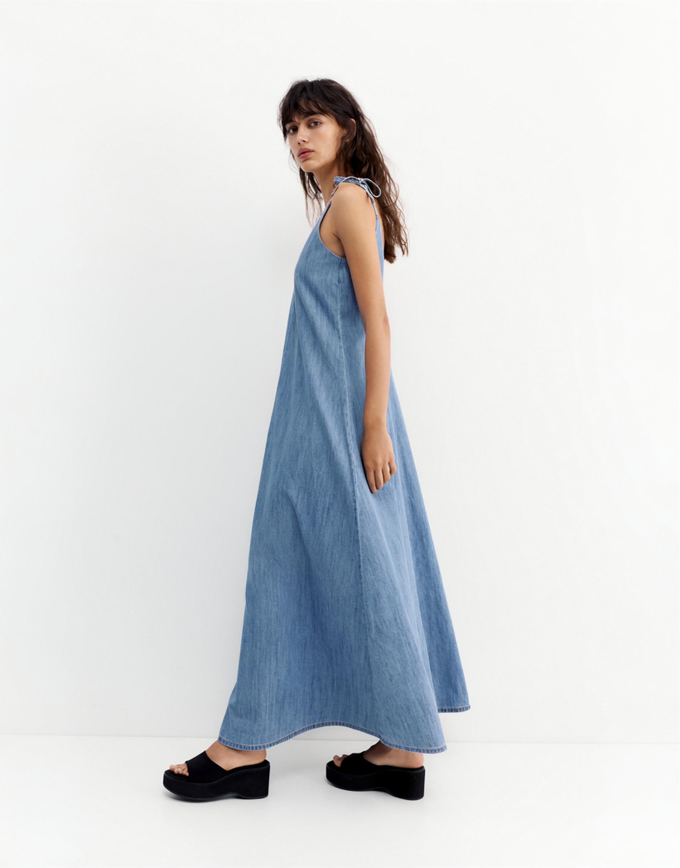 Long denim strappy dress — Pale blue