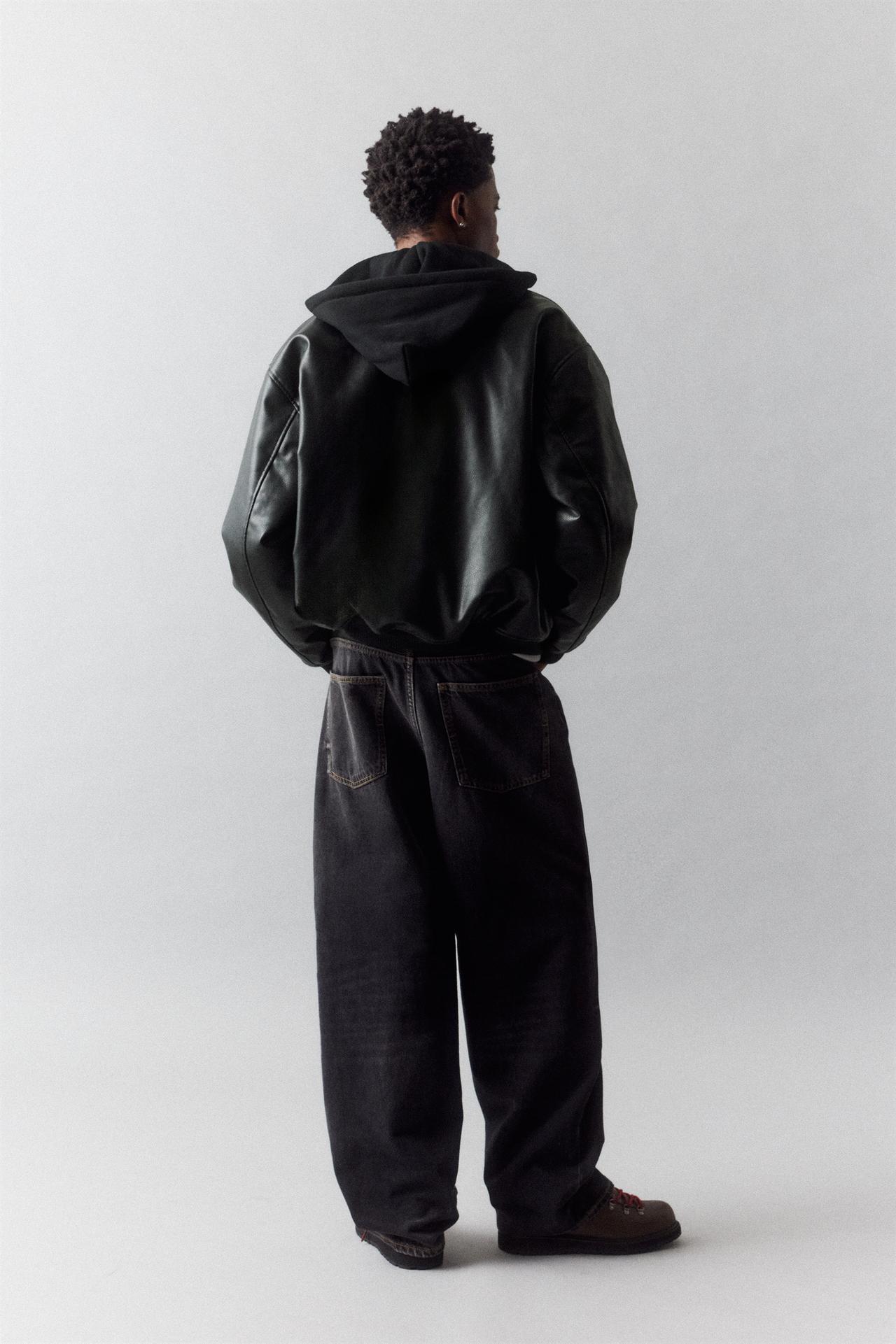 Leather effect jacket with combined hood — Black
