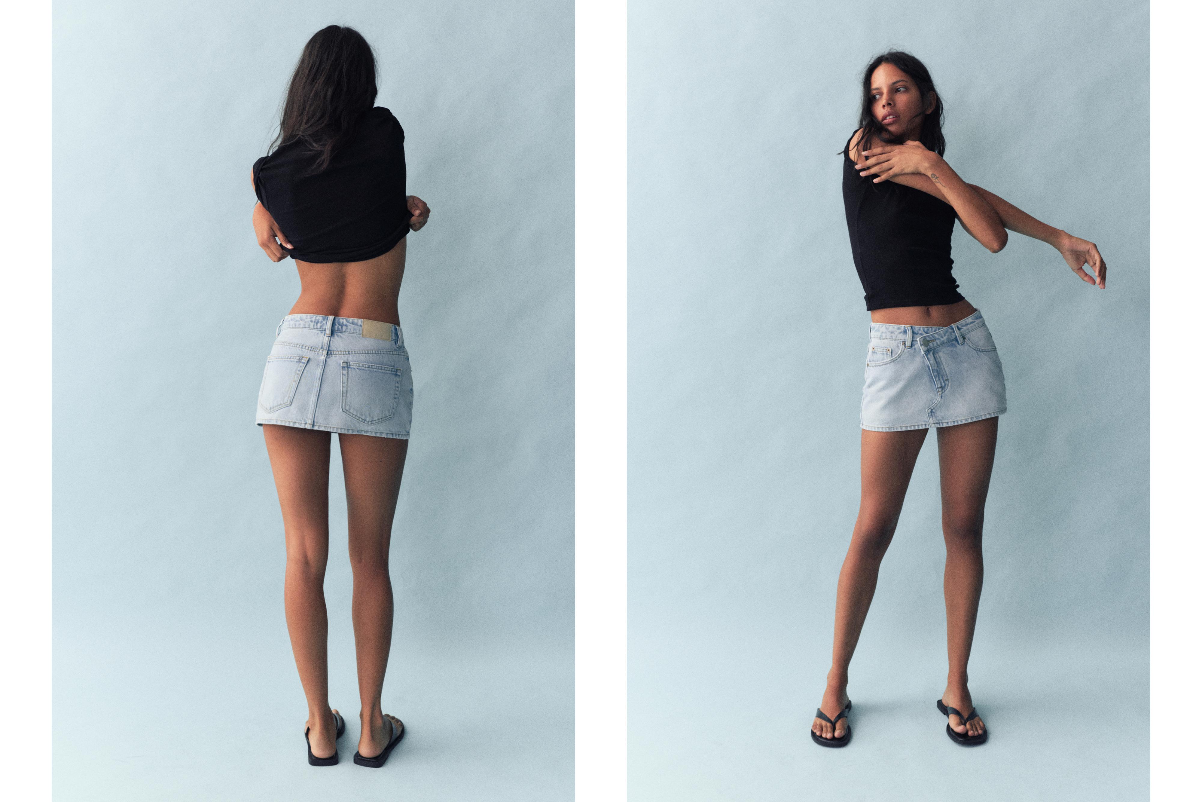 Cross-waist denim skort — Pale blue