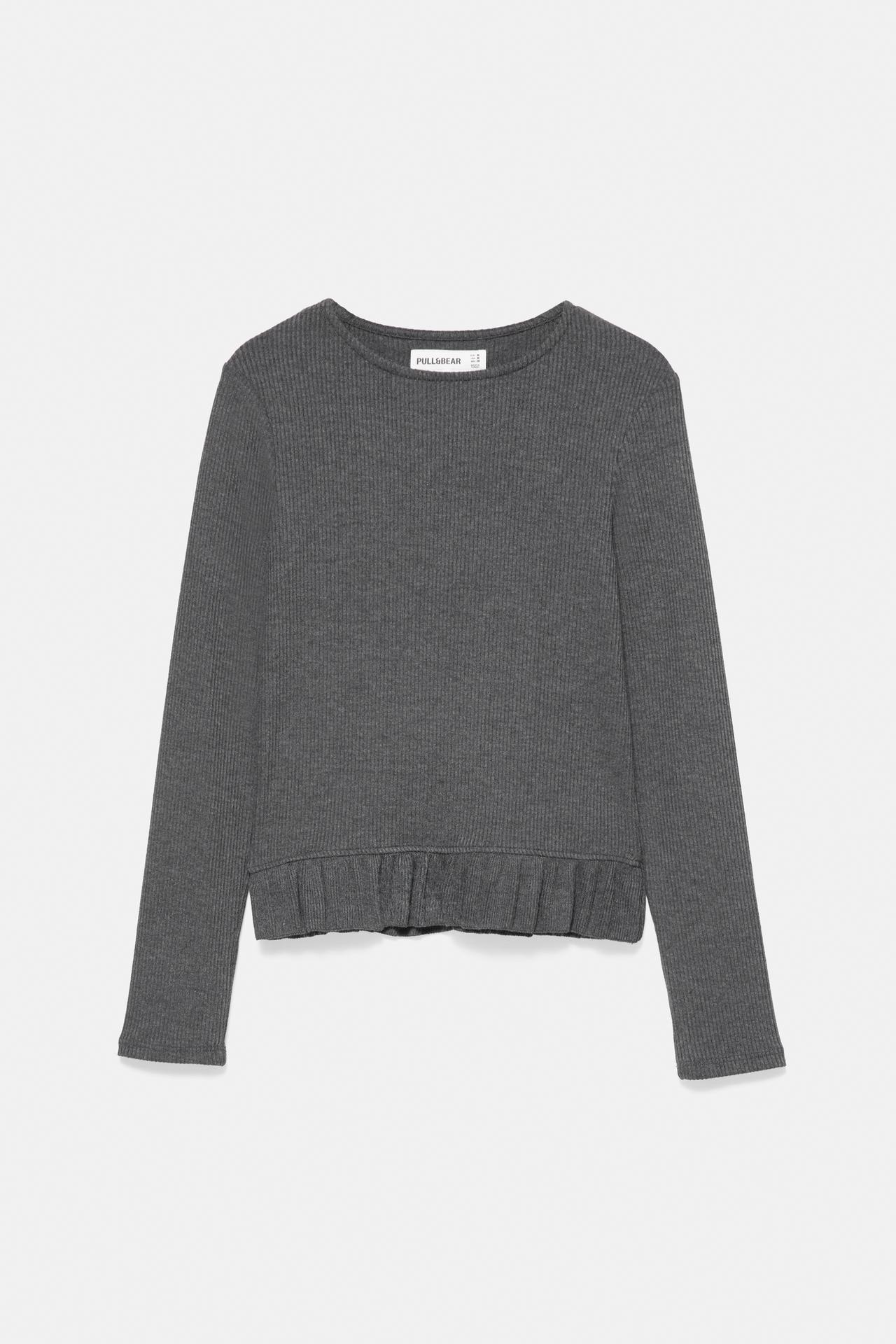 Long sleeve frill T-shirt — Grey marl
