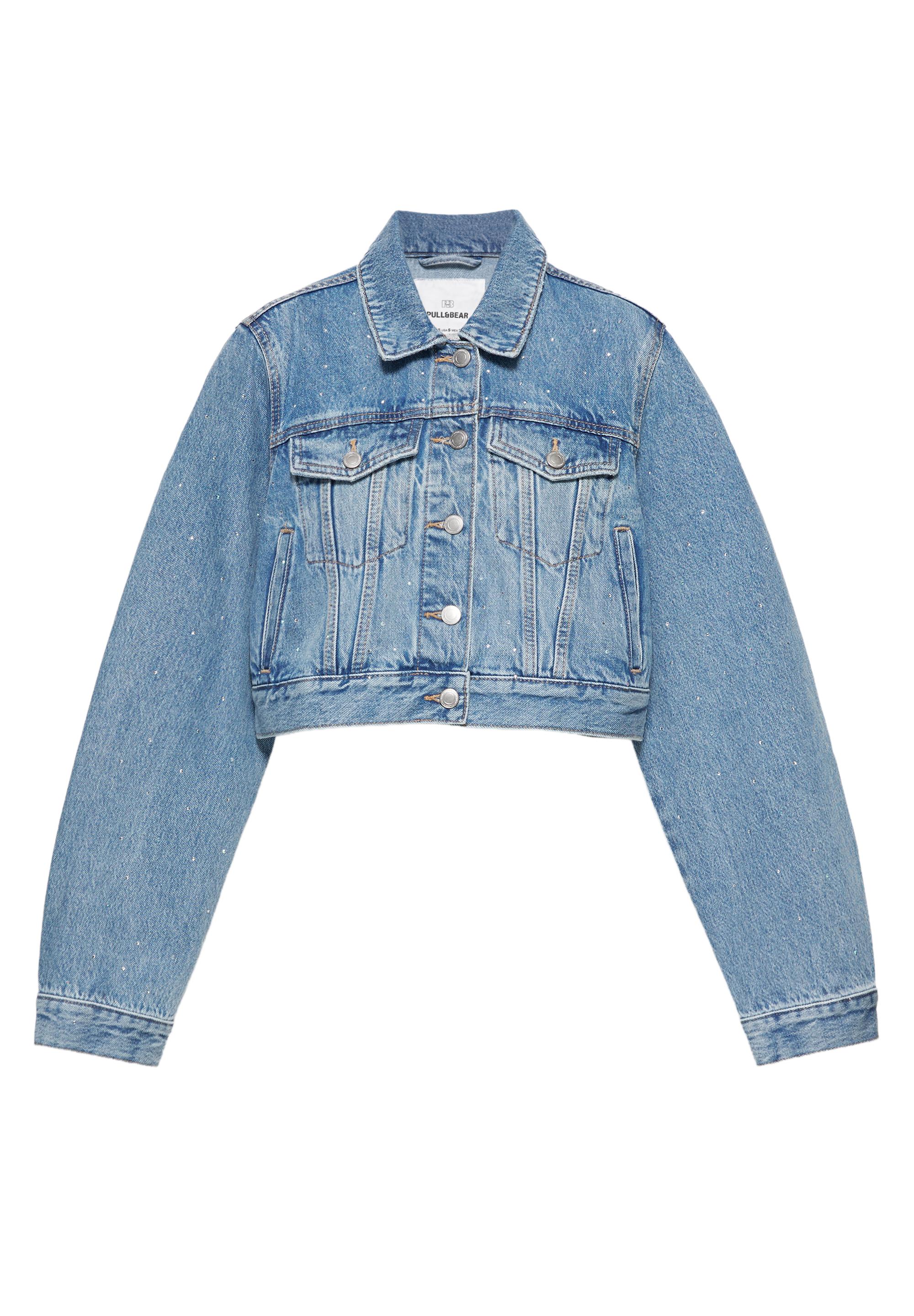 Cropped rhinestone denim jacket
