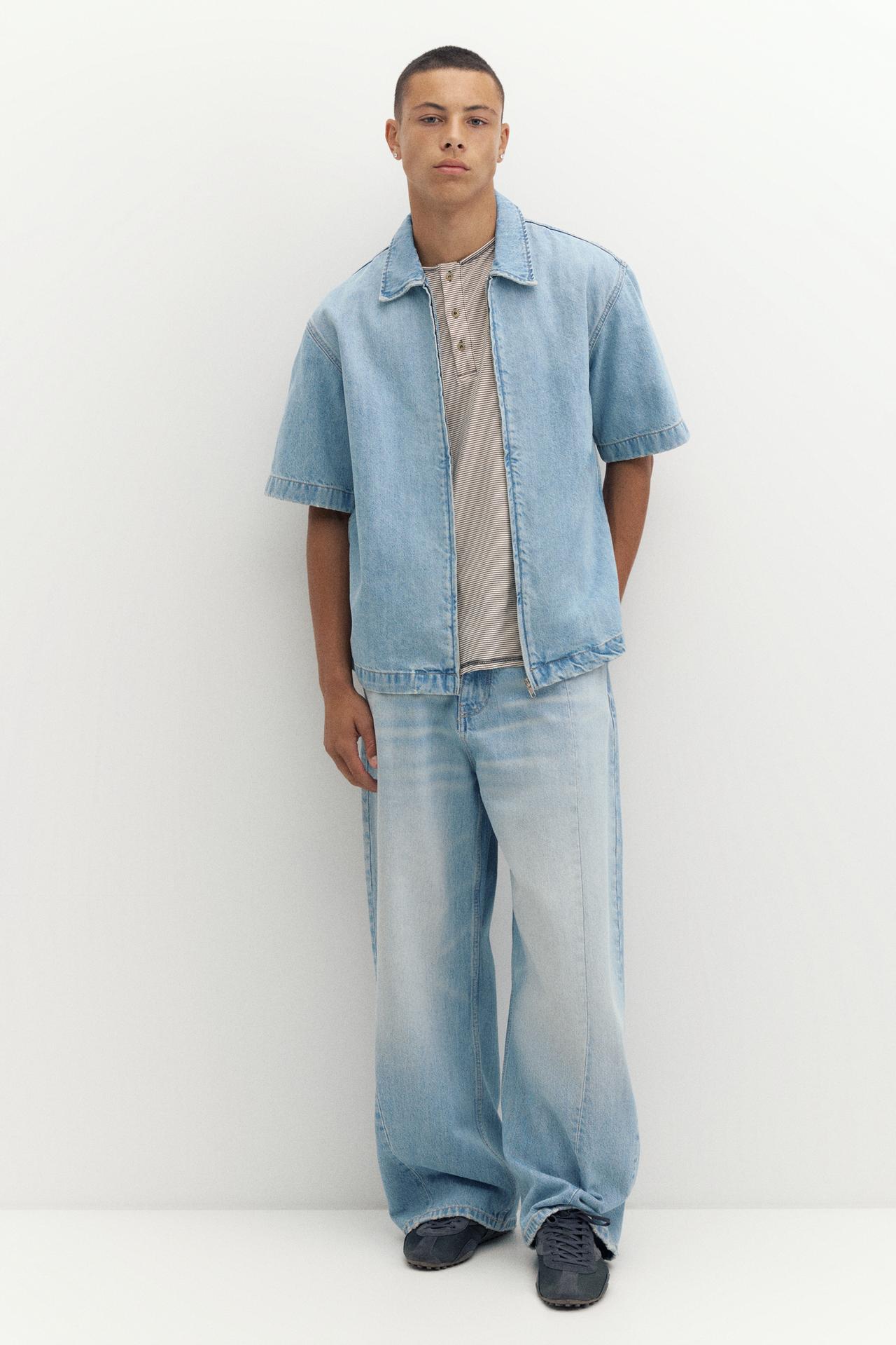 Short sleeve zipped denim shirt — Pale indigo
