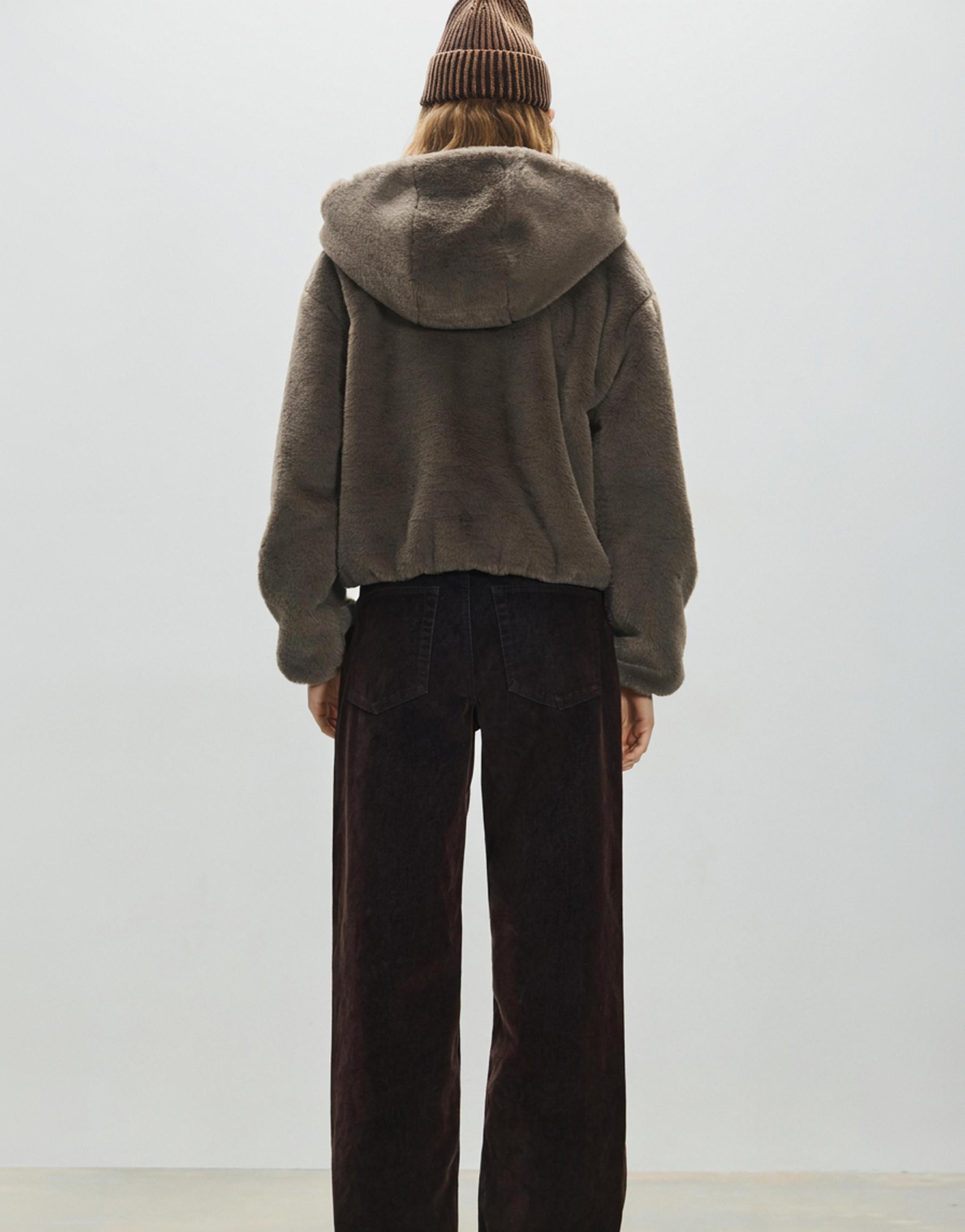 Kapüşonlu suni kürk ceket - Görsel 7