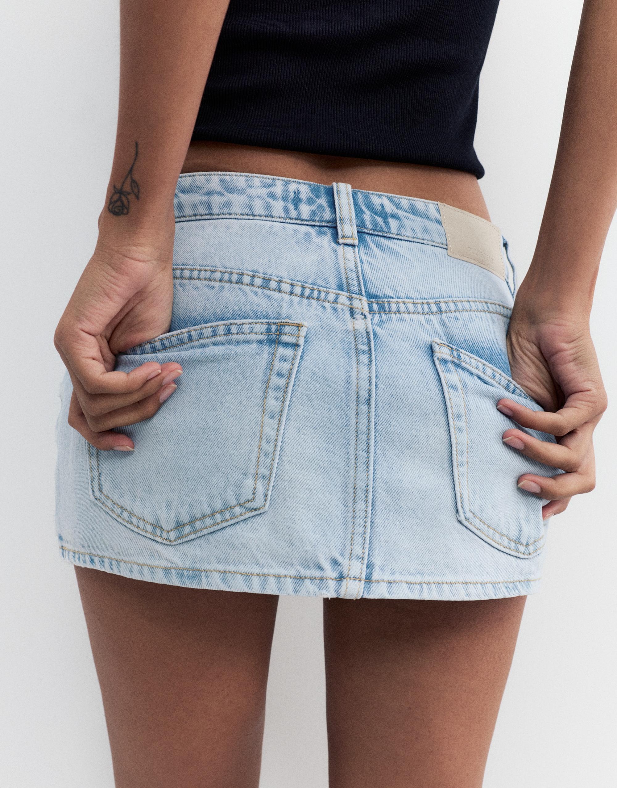 Cross-waist denim skort — Pale blue