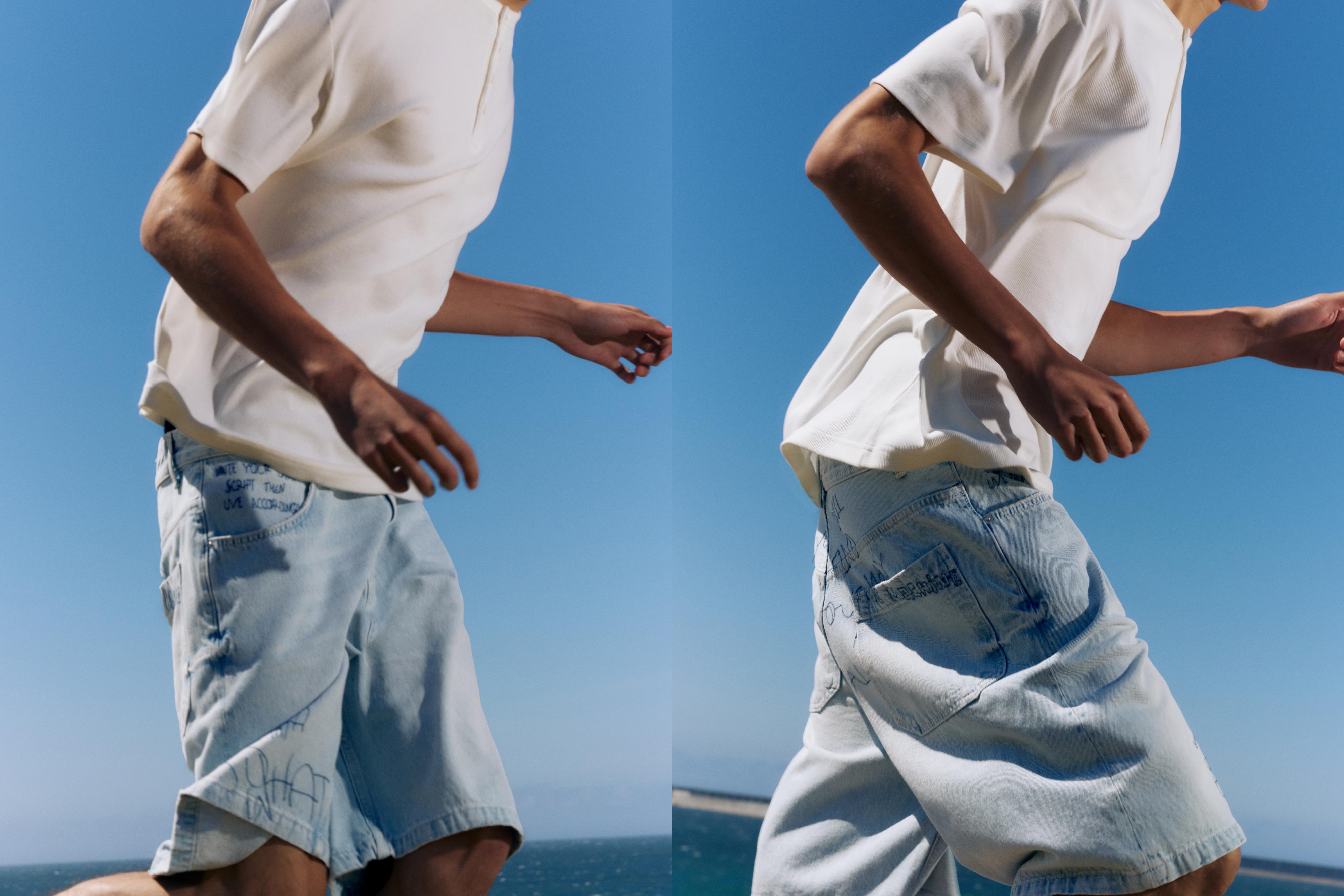 Embroidered baggy denim Bermuda shorts — Pale indigo
