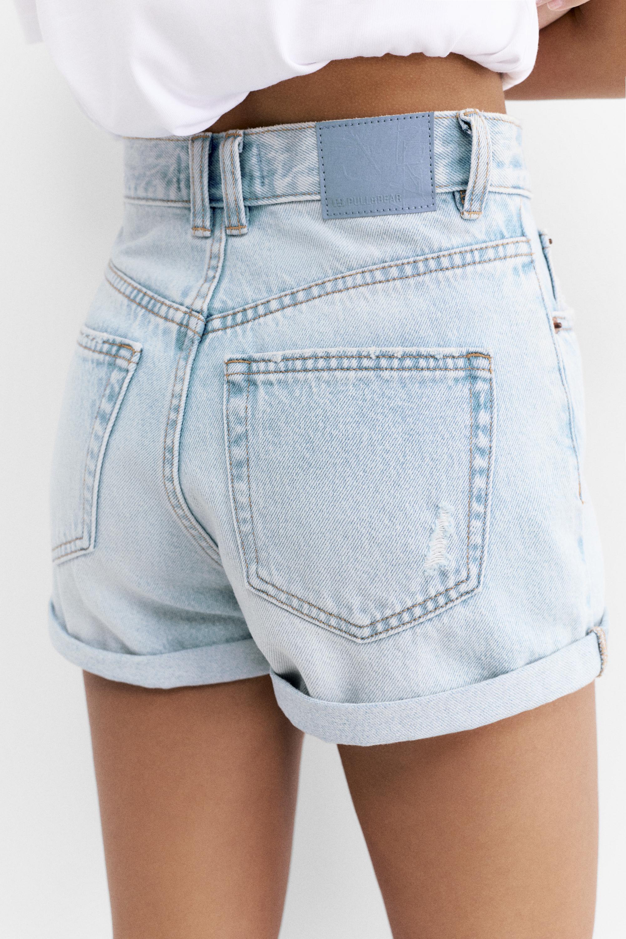 Denim turn-up mom shorts — Pale blue