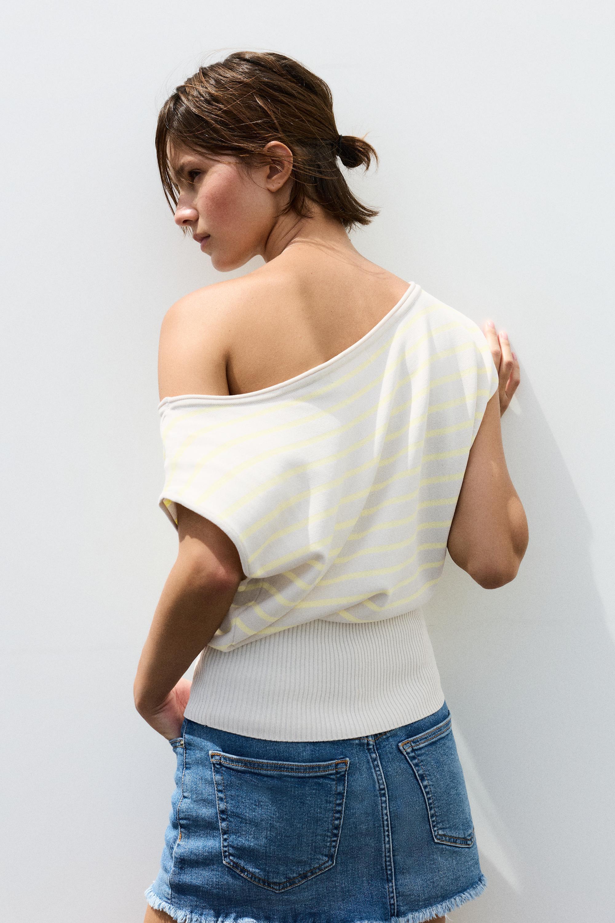Short sleeve asymmetric knit top — Yellow