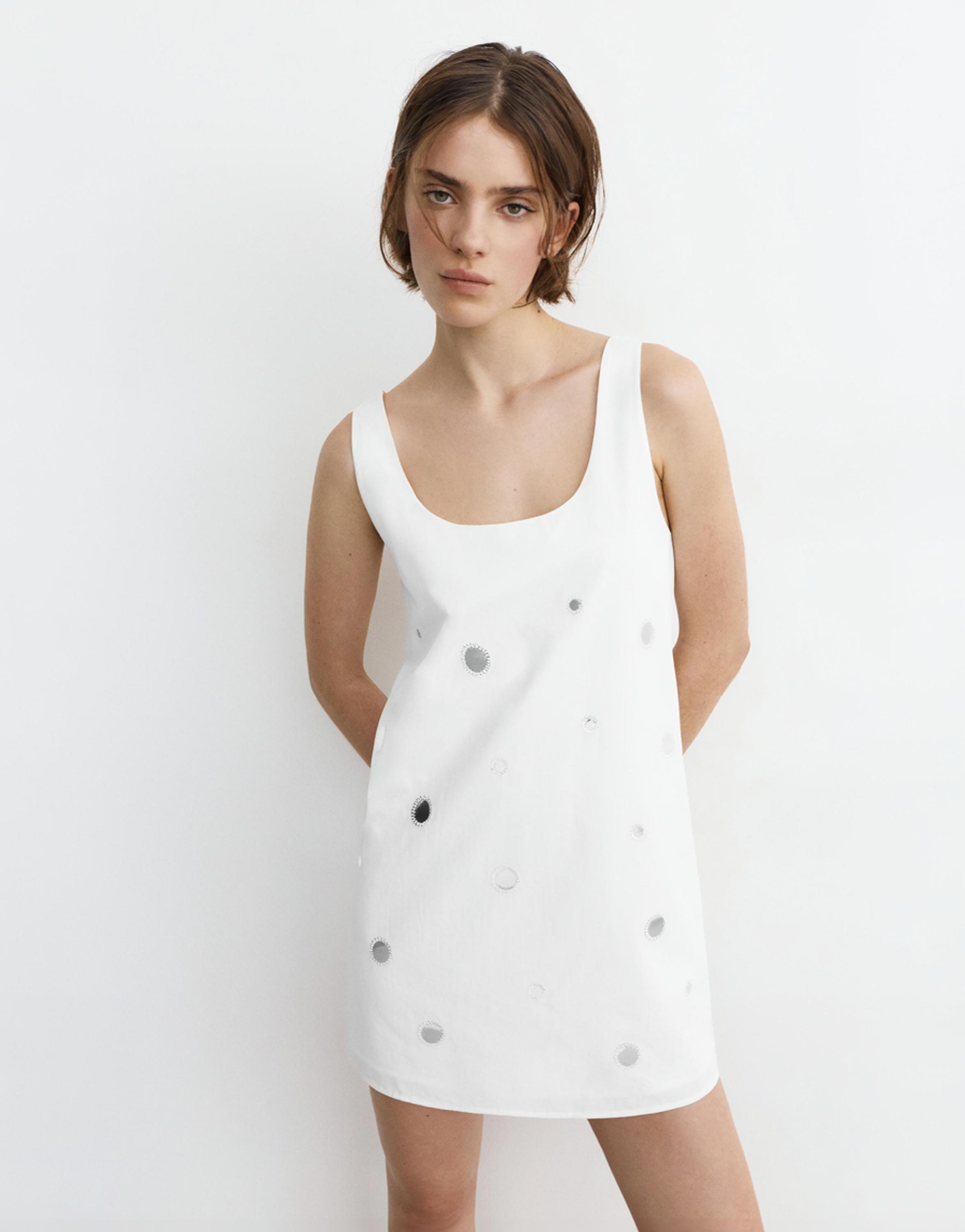 Short strappy dress with mirrored details — Ecru