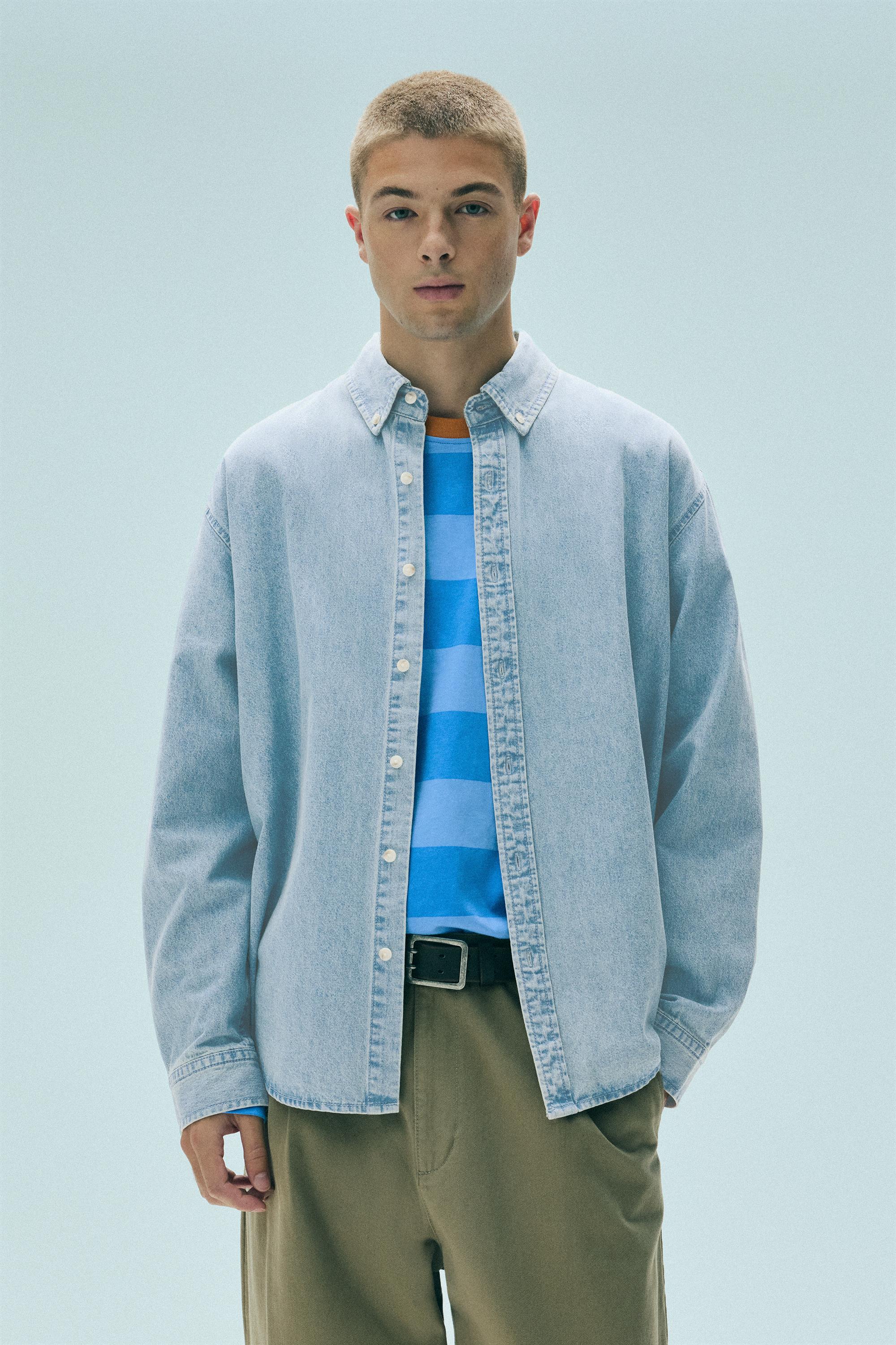 Pull&Bear Uzun kollu kot gömlek görsel 3